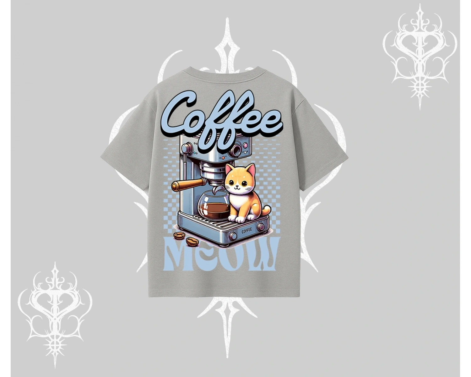 Coffee Meow Kahve Temalı Kedi Arka Baskılı Oversize Tshirt