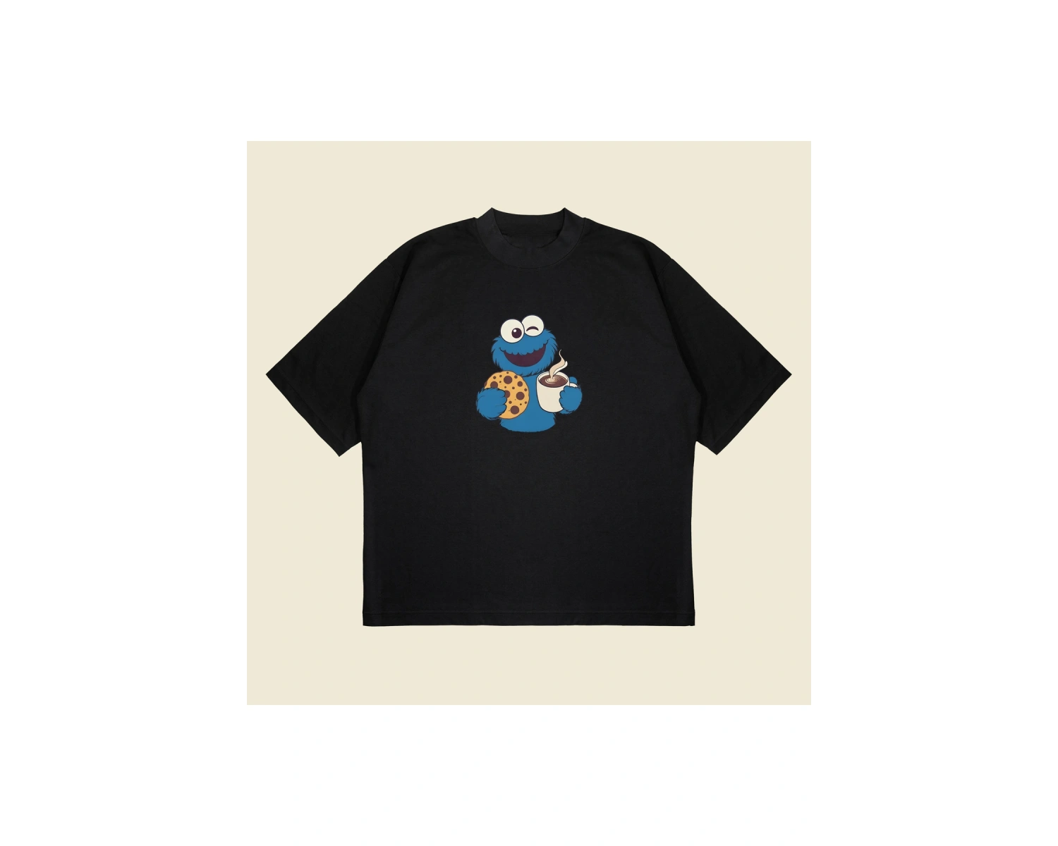 Coffee Monster Baskılı Oversize Unisex Pamuklu Nefes Alan Kalın Kumaşlı