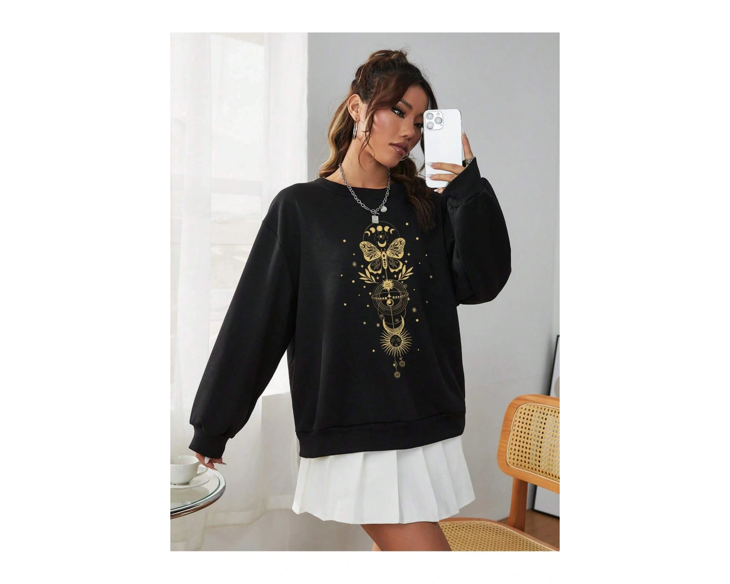 Coke serisi EZwear Sun & Moon Print Drop Shoulder Sweatshirt