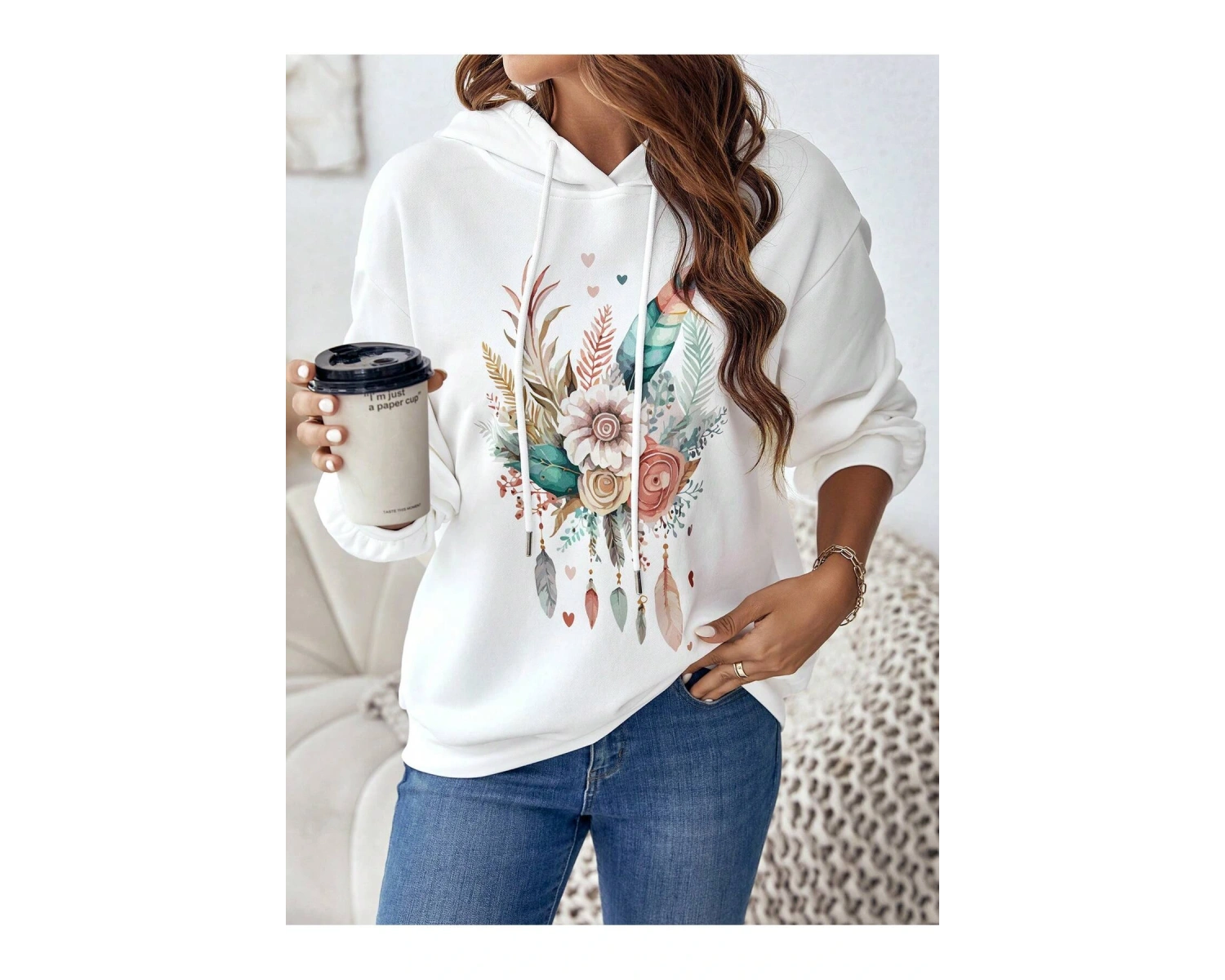 Coke serisi Floral & Feather Print Drop Shoulder Drawstring Hoodie