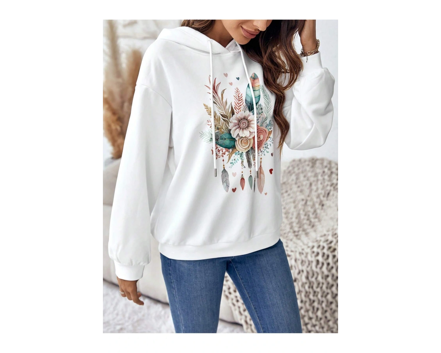 Coke serisi Floral & Feather Print Drop Shoulder Drawstring Hoodie
