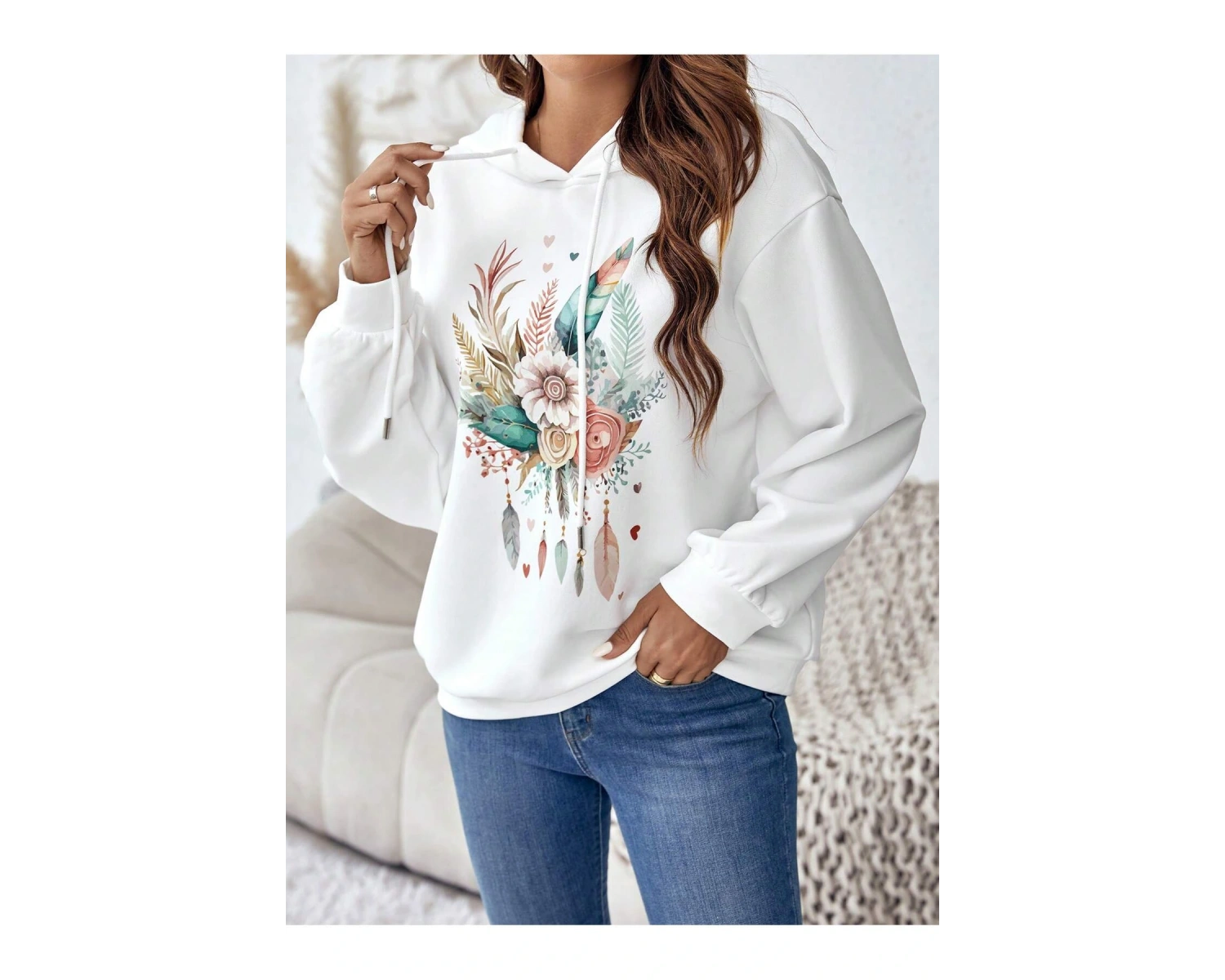 Coke serisi Floral & Feather Print Drop Shoulder Drawstring Hoodie