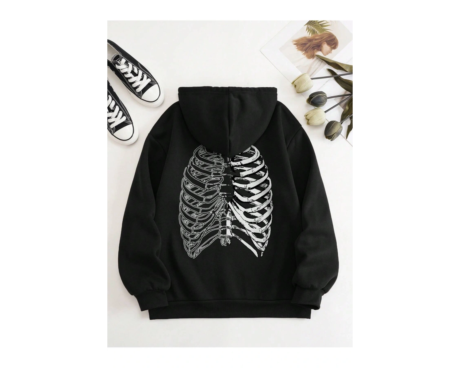 Coke serisi Skeleton Print Zip Up Thermal Lined Drawstring Hoodie