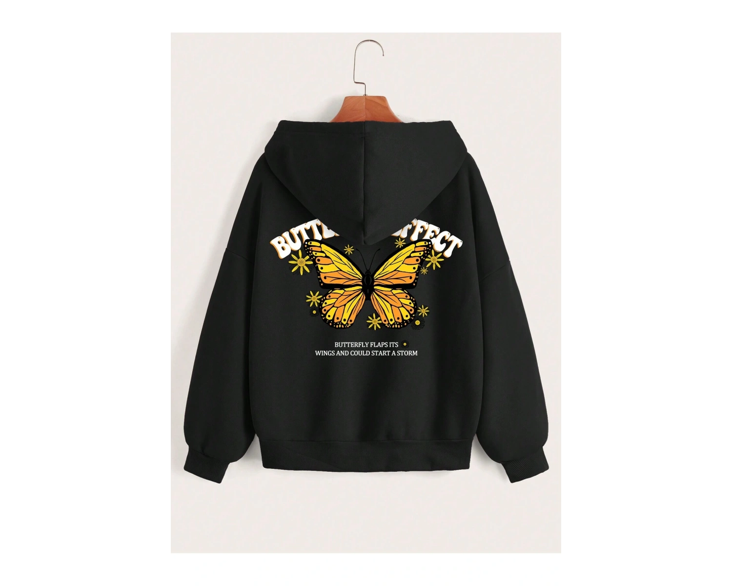 Coke serisi Slogan & Butterfly Print Drop Shoulder Drawstring Zipper Thermal Lined Hoodie