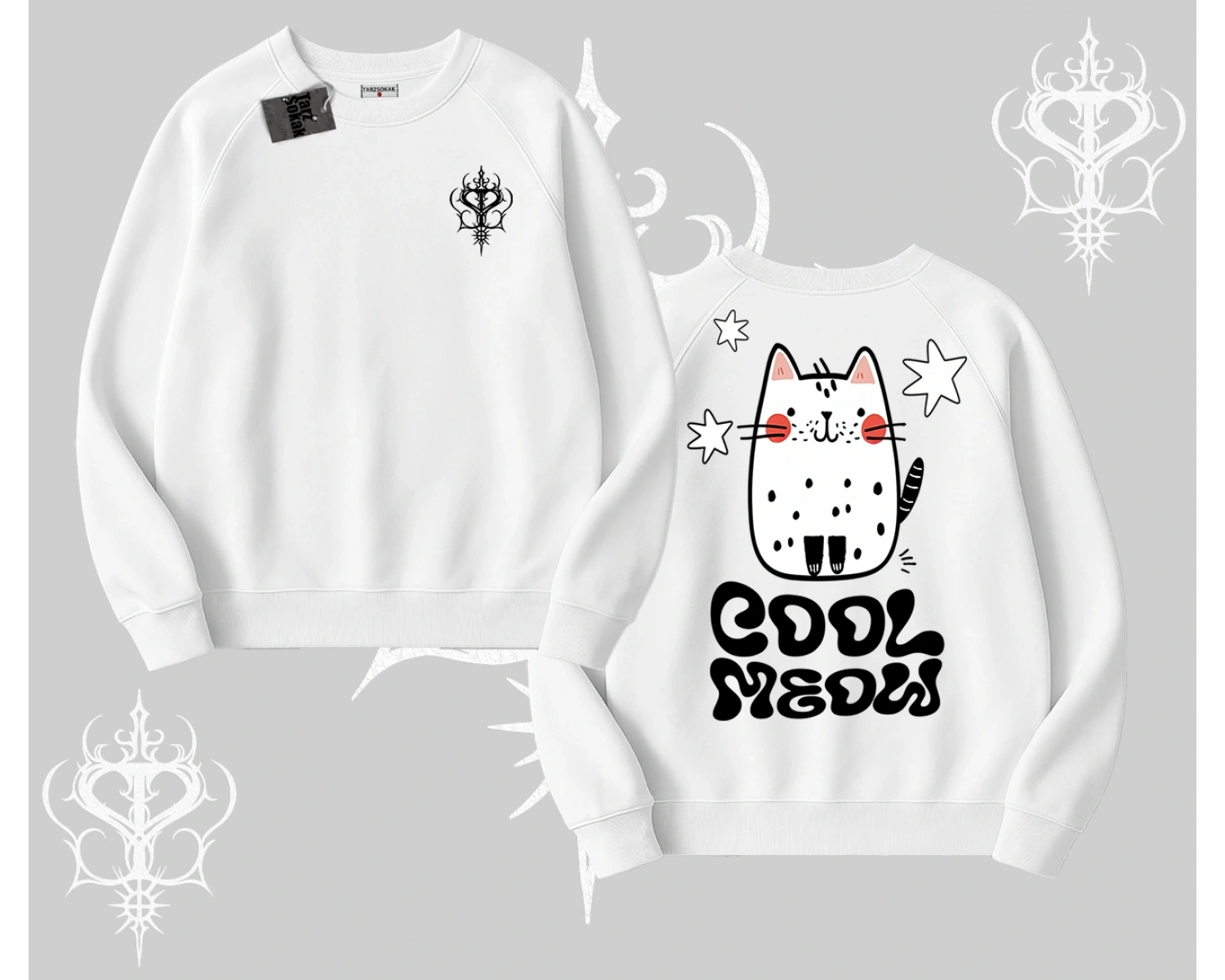 Cool Meow Yazılı Sevimli Kedi Arka Baskılı Biskilet Sweatshirt