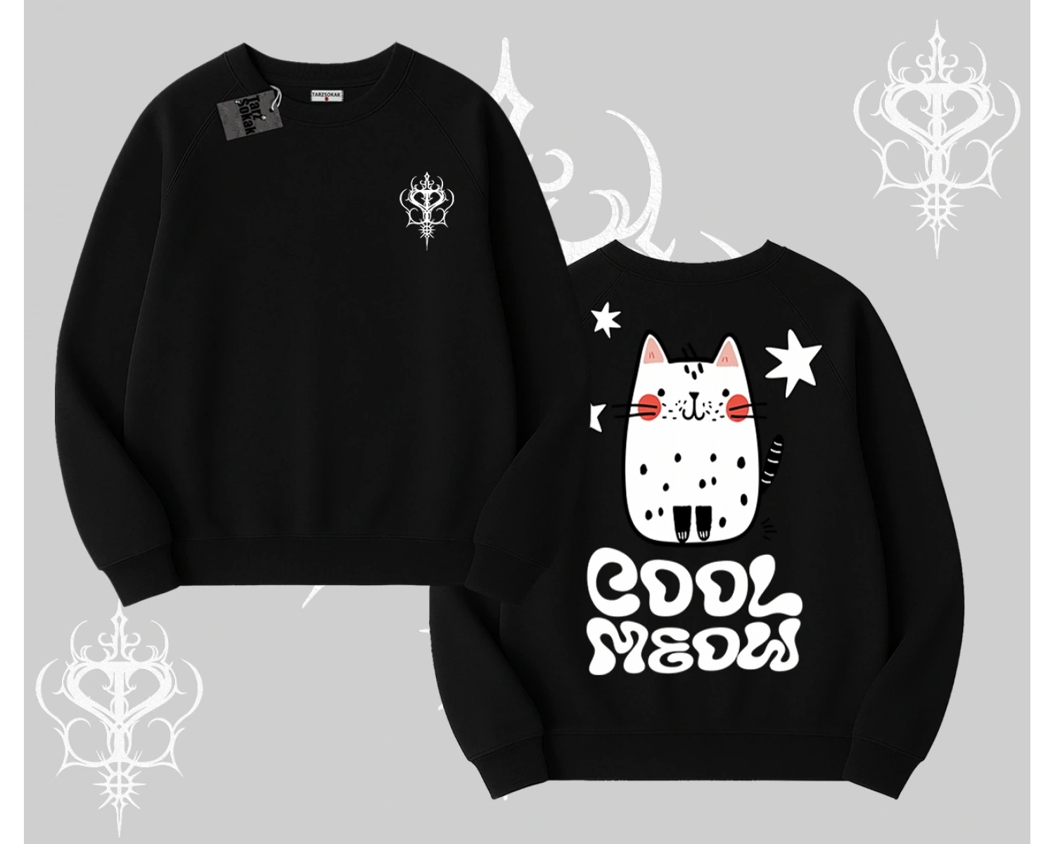 Cool Meow Yazılı Sevimli Kedi Arka Baskılı Biskilet Sweatshirt