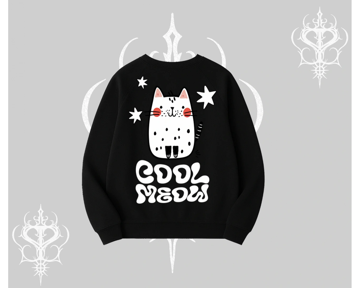 Cool Meow Yazılı Sevimli Kedi Arka Baskılı Biskilet Sweatshirt