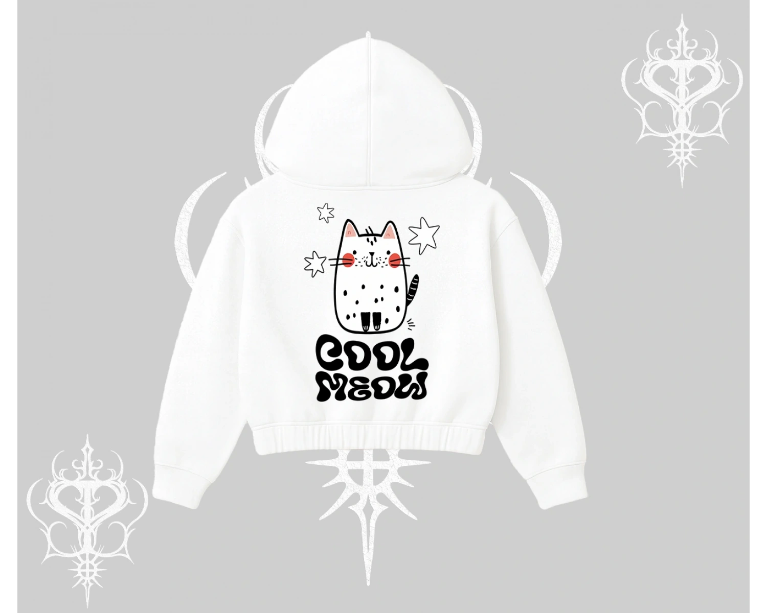 Cool Meow Yazılı Sevimli Kedi Arka Baskılı Kapşonlu Crop Sweatshirt