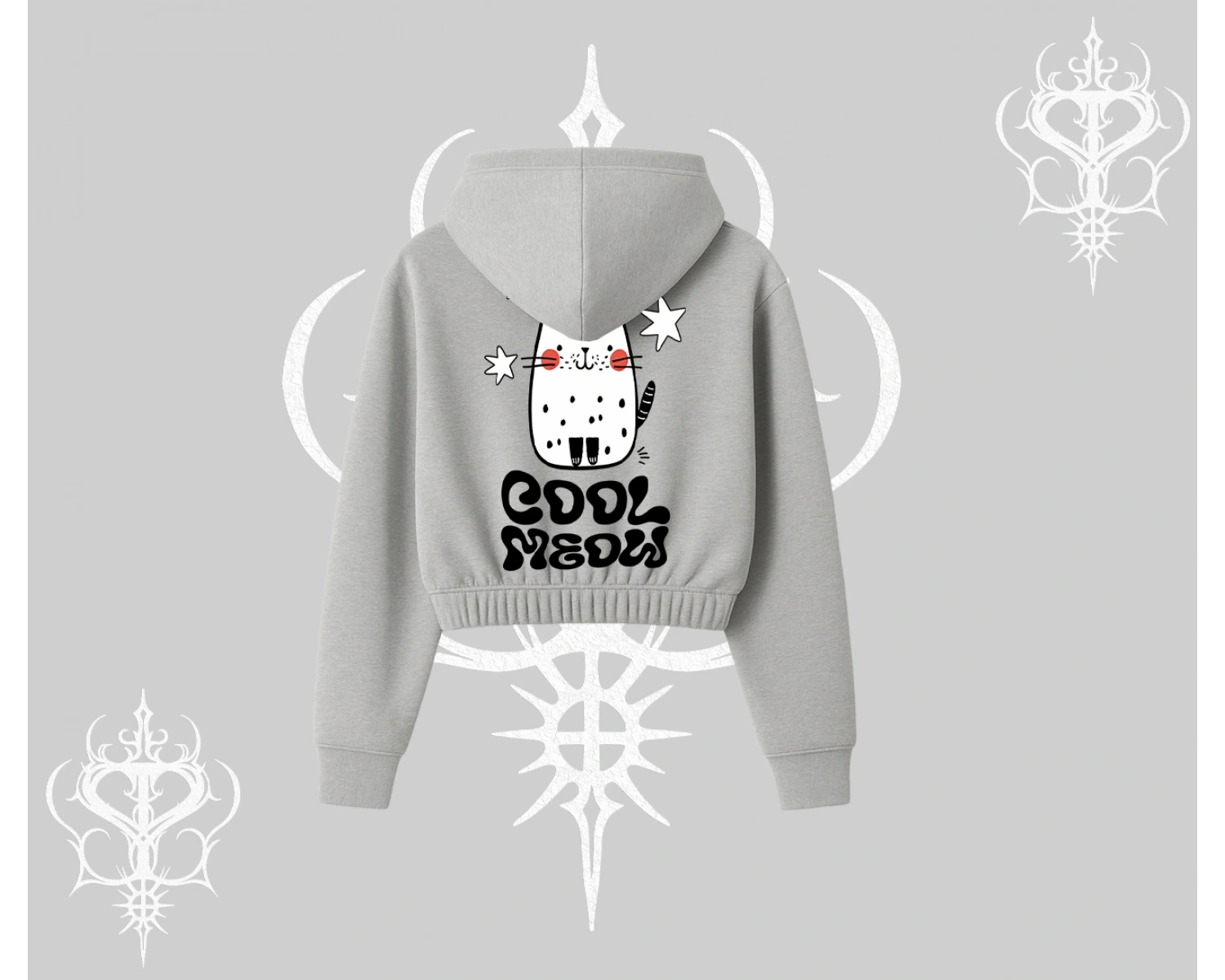 Cool Meow Yazılı Sevimli Kedi Arka Baskılı Kapşonlu Crop Sweatshirt