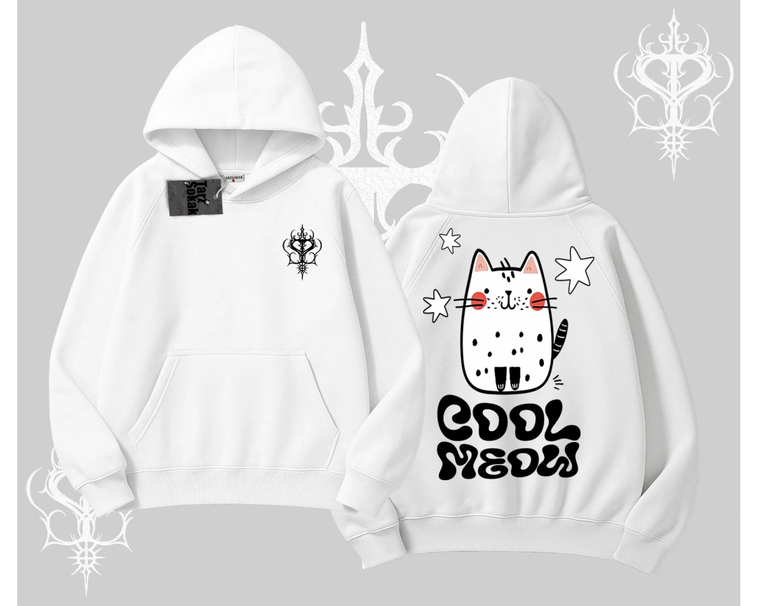 Cool Meow Yazılı Sevimli Kedi Arka Baskılı Kapşonlu Sweatshirt