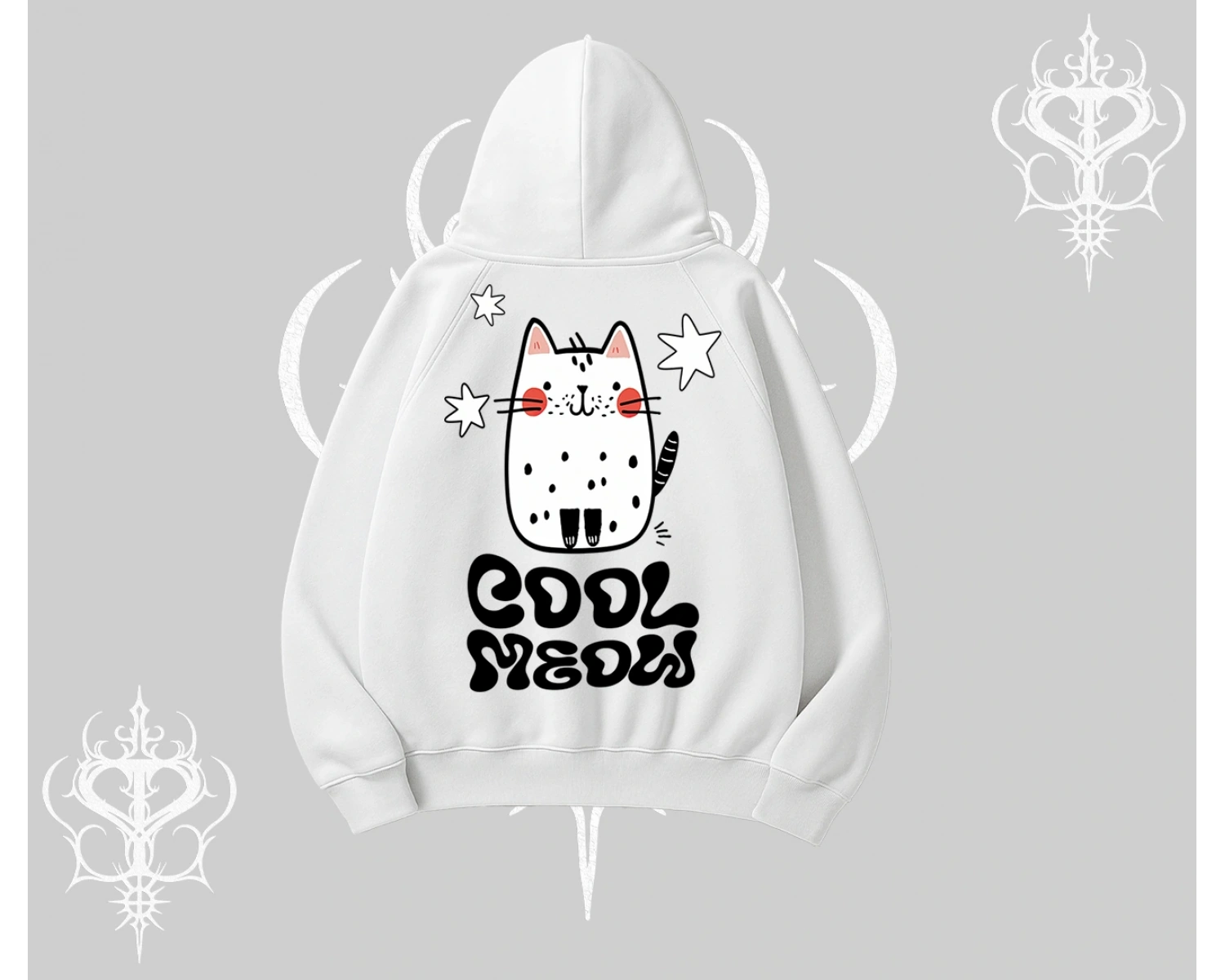 Cool Meow Yazılı Sevimli Kedi Arka Baskılı Kapşonlu Sweatshirt