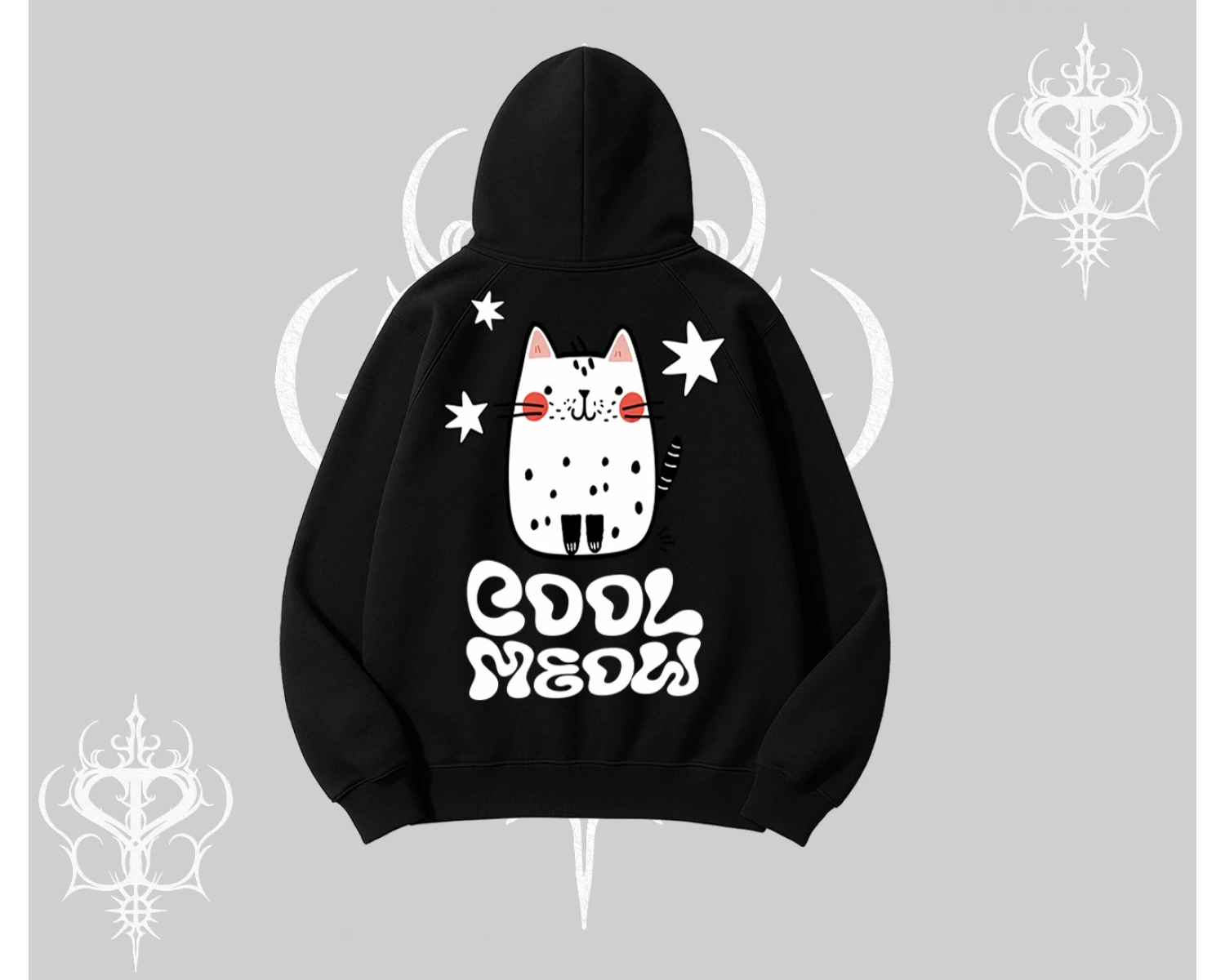 Cool Meow Yazılı Sevimli Kedi Arka Baskılı Kapşonlu Sweatshirt