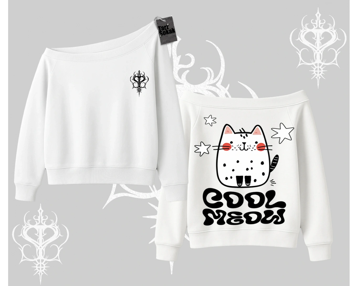 Cool Meow Yazılı Sevimli Kedi Arka Baskılı Kayık Yaka Sweatshirt