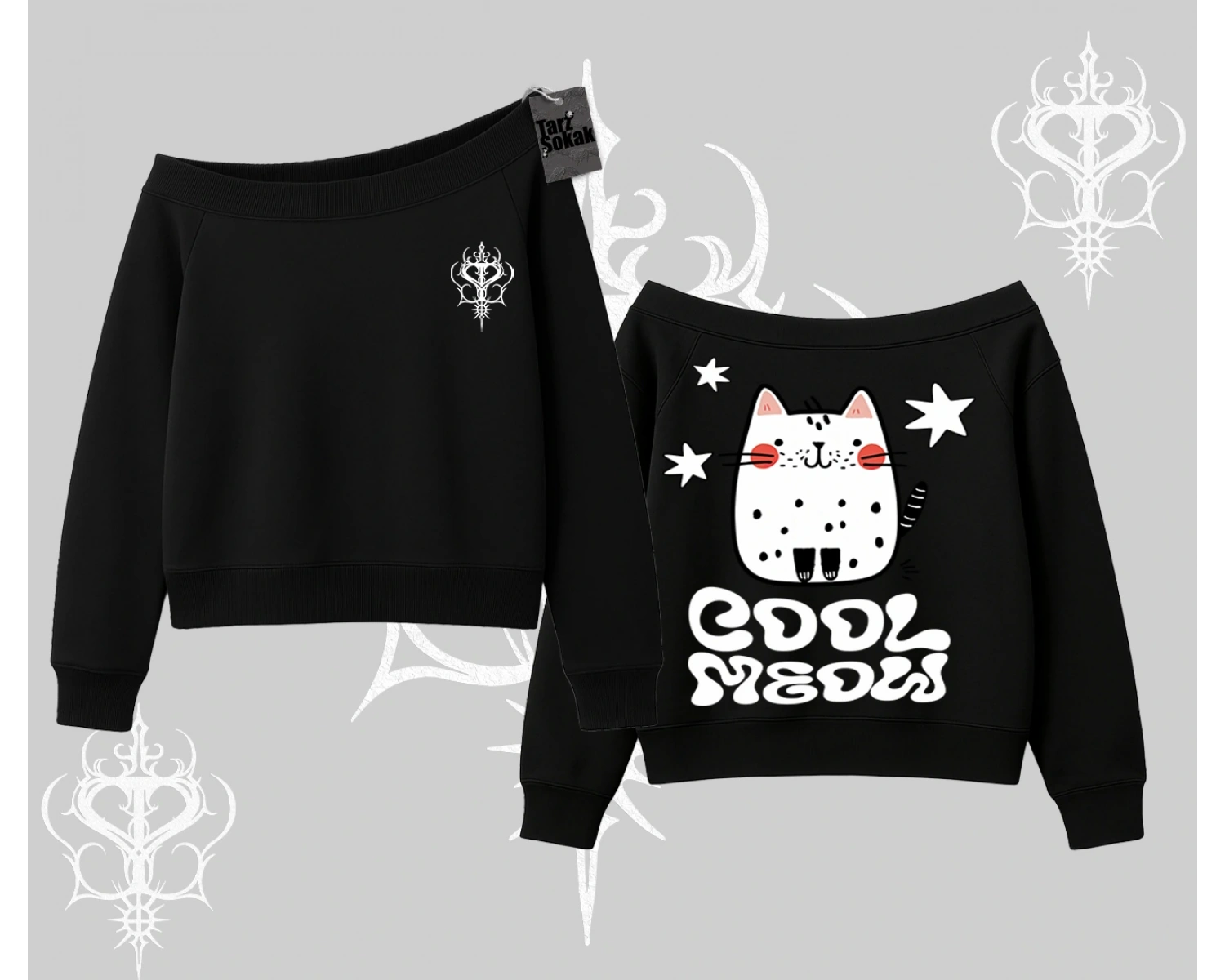Cool Meow Yazılı Sevimli Kedi Arka Baskılı Kayık Yaka Sweatshirt