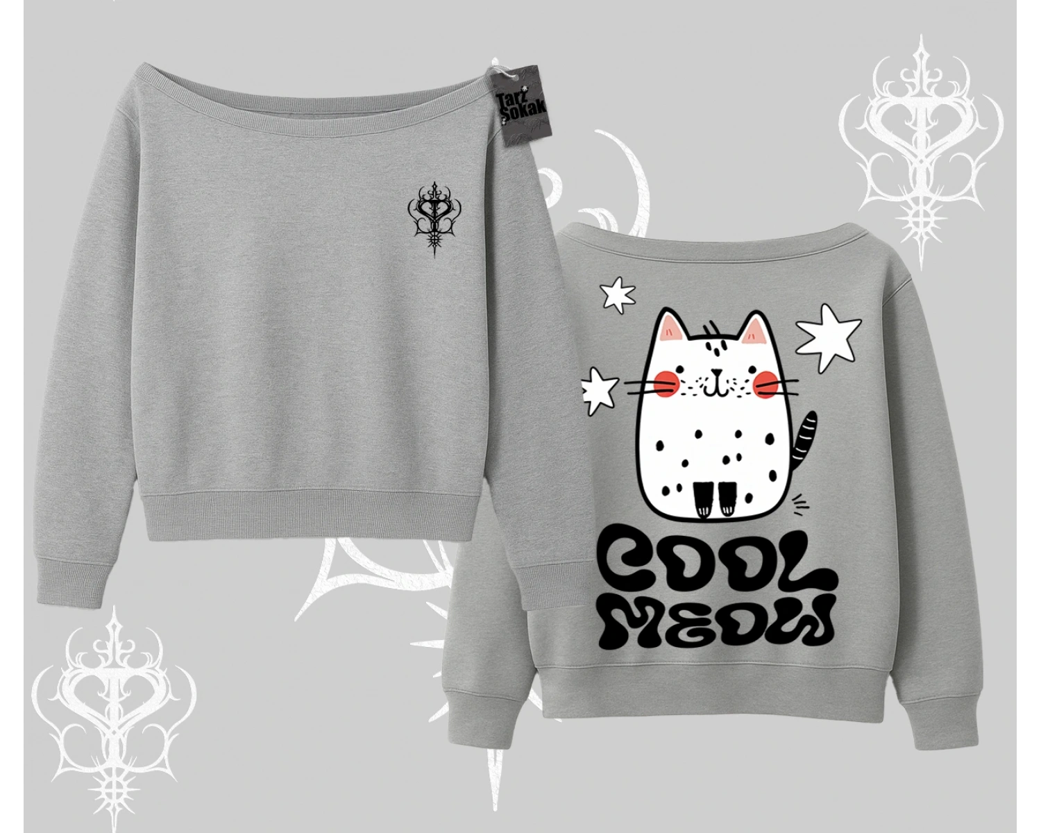 Cool Meow Yazılı Sevimli Kedi Arka Baskılı Kayık Yaka Sweatshirt