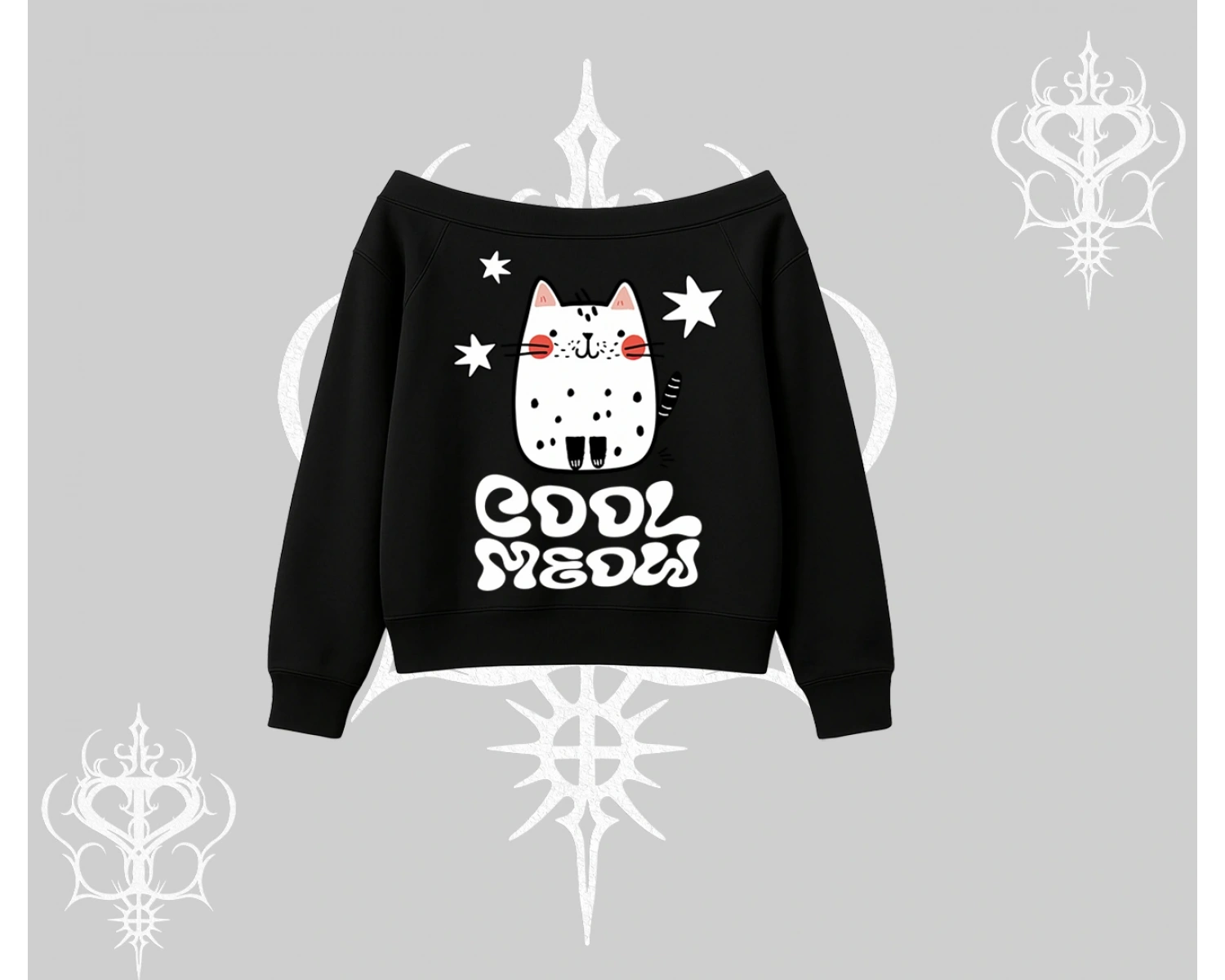 Cool Meow Yazılı Sevimli Kedi Arka Baskılı Kayık Yaka Sweatshirt