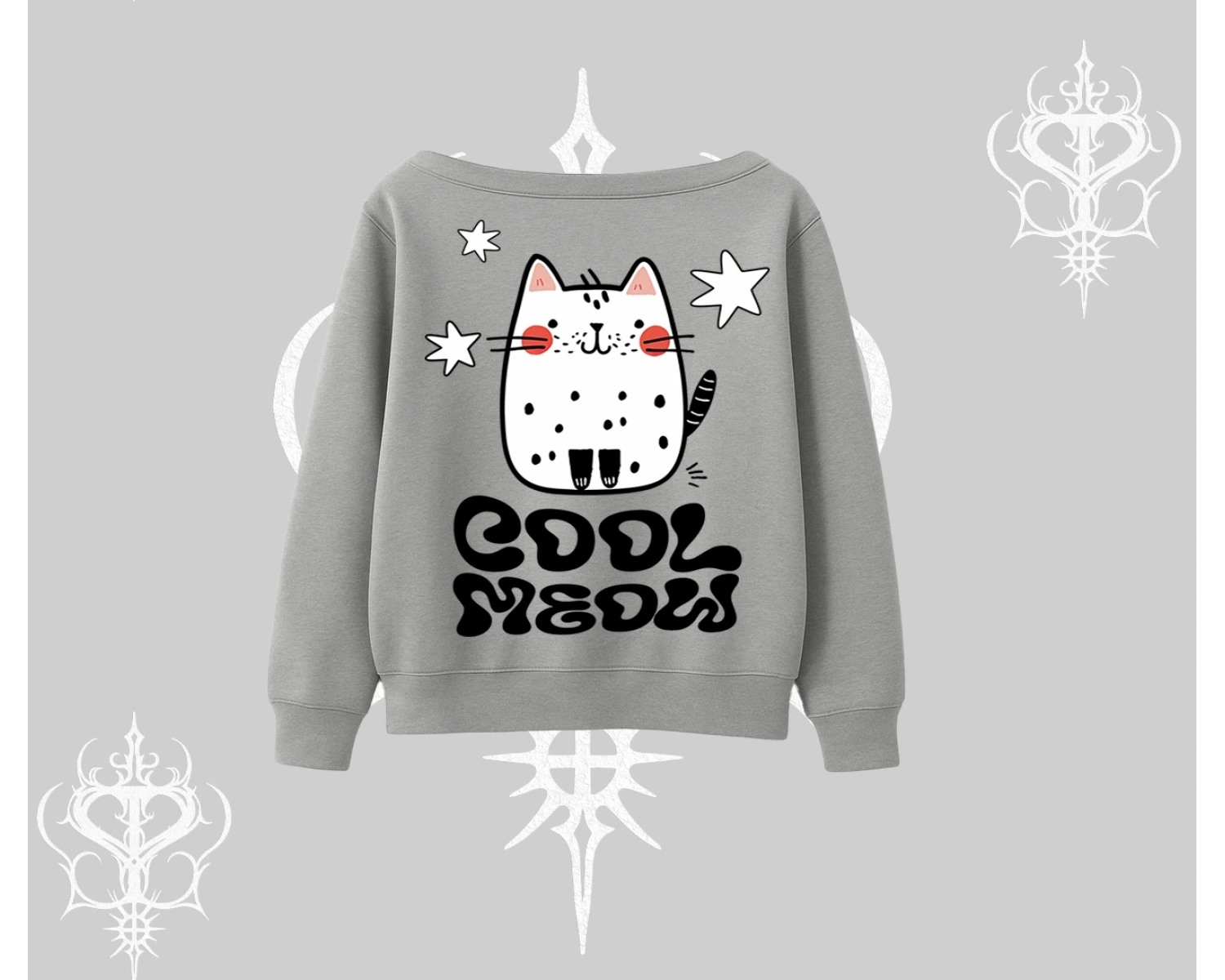 Cool Meow Yazılı Sevimli Kedi Arka Baskılı Kayık Yaka Sweatshirt