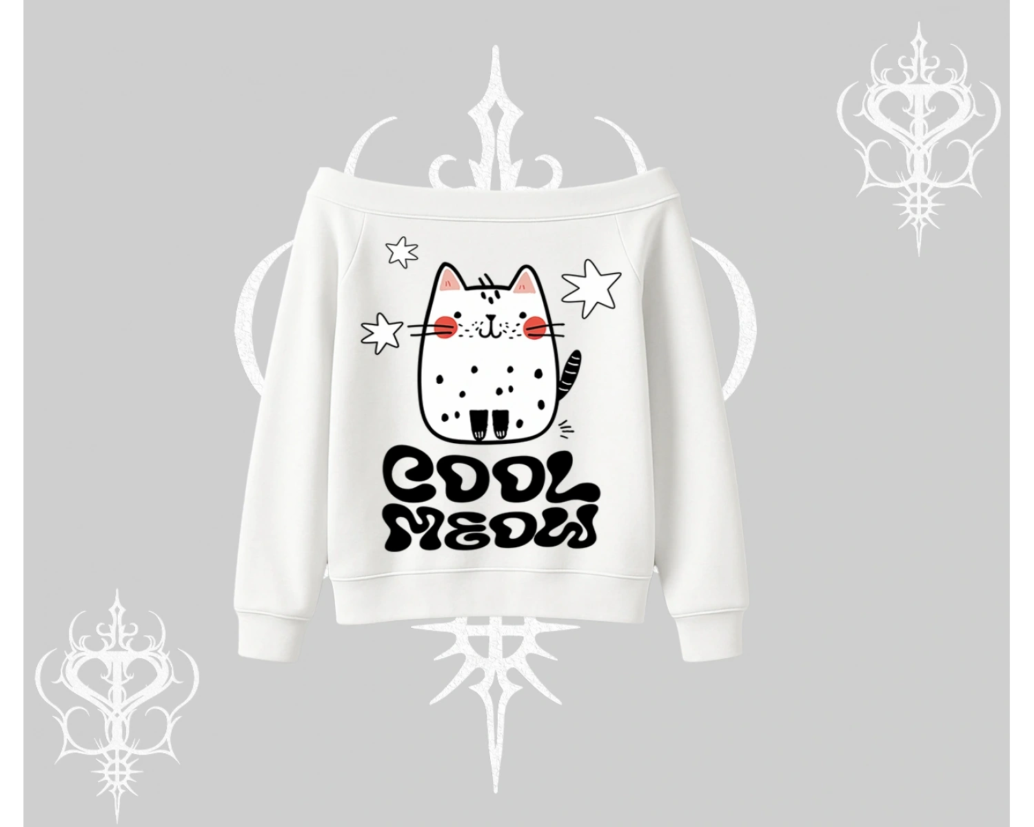 Cool Meow Yazılı Sevimli Kedi Arka Baskılı Kayık Yaka Sweatshirt
