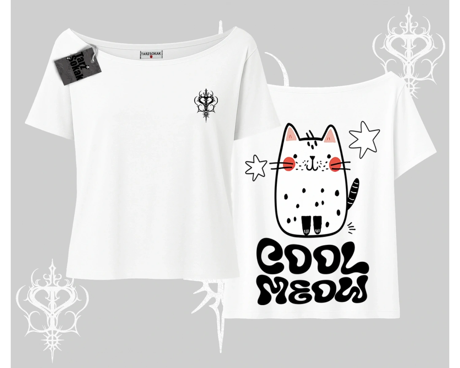 Cool Meow Yazılı Sevimli Kedi Arka Baskılı Kayık Yaka Tshirt