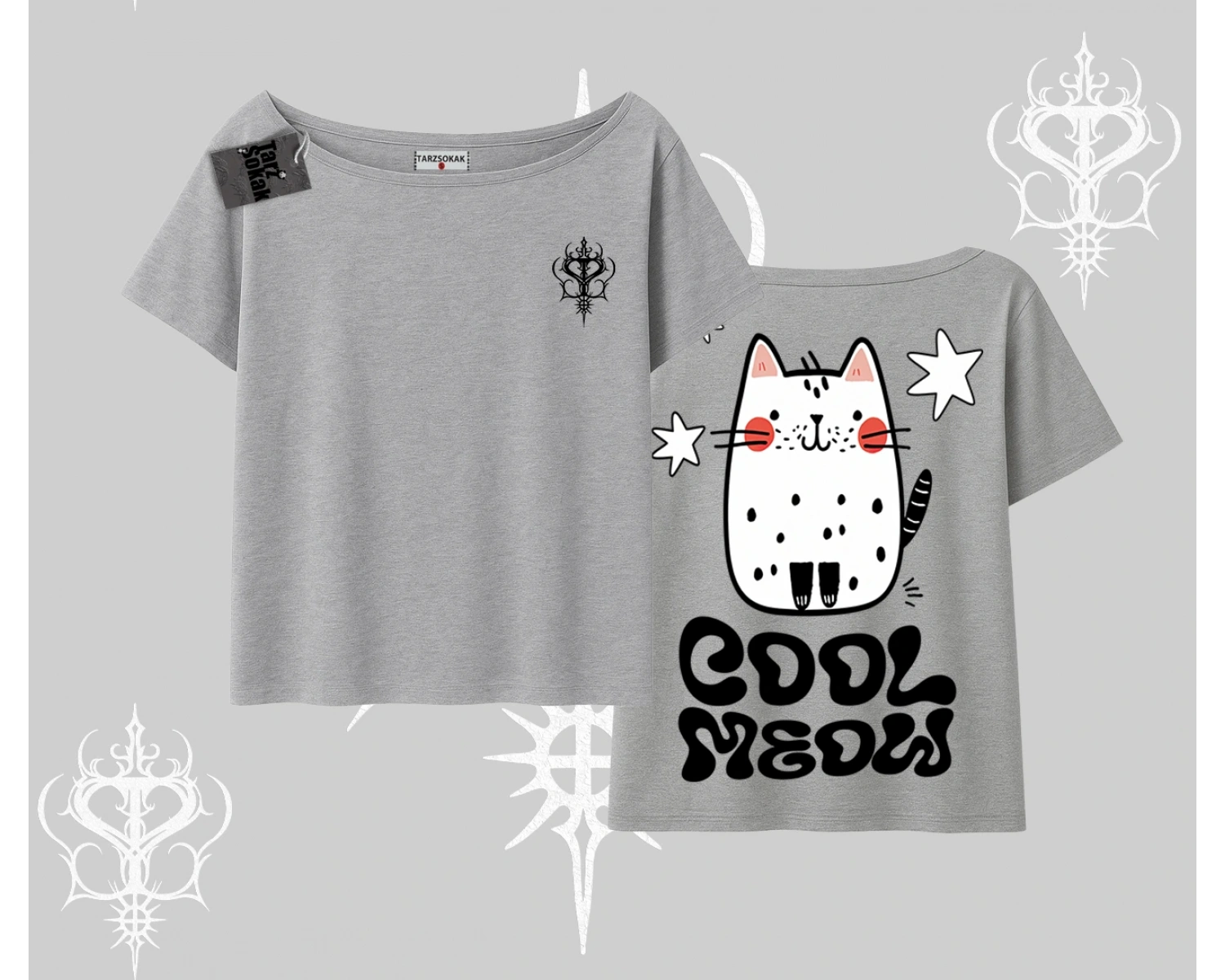 Cool Meow Yazılı Sevimli Kedi Arka Baskılı Kayık Yaka Tshirt