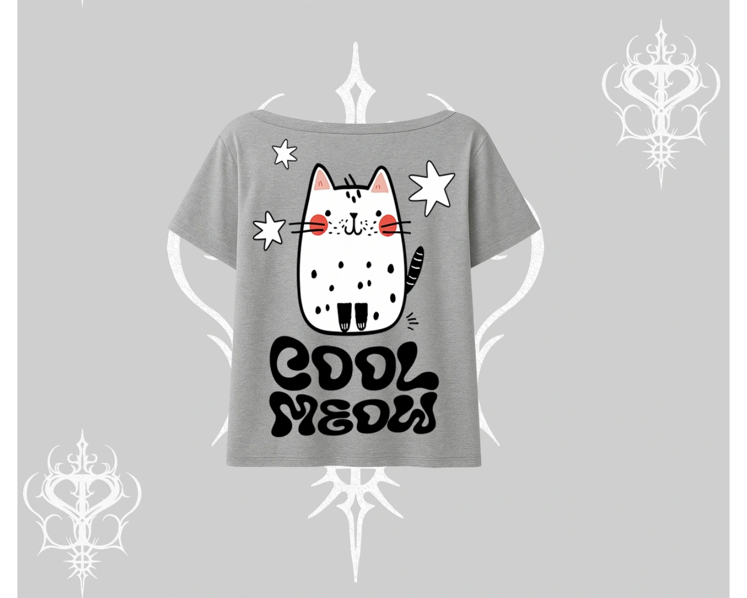 Cool Meow Yazılı Sevimli Kedi Arka Baskılı Kayık Yaka Tshirt