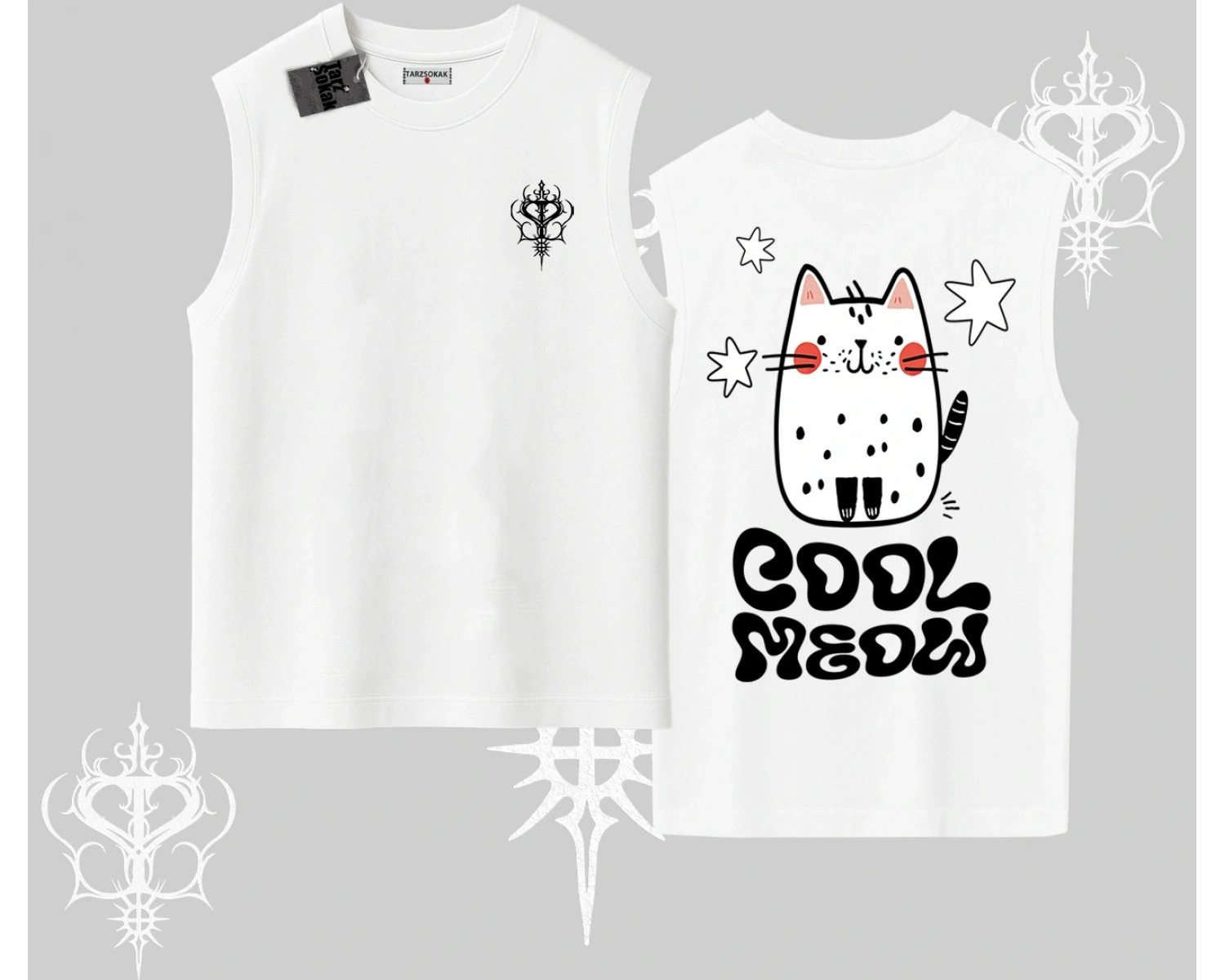 Cool Meow Yazılı Sevimli Kedi Arka Baskılı Kolsuz Tshirt