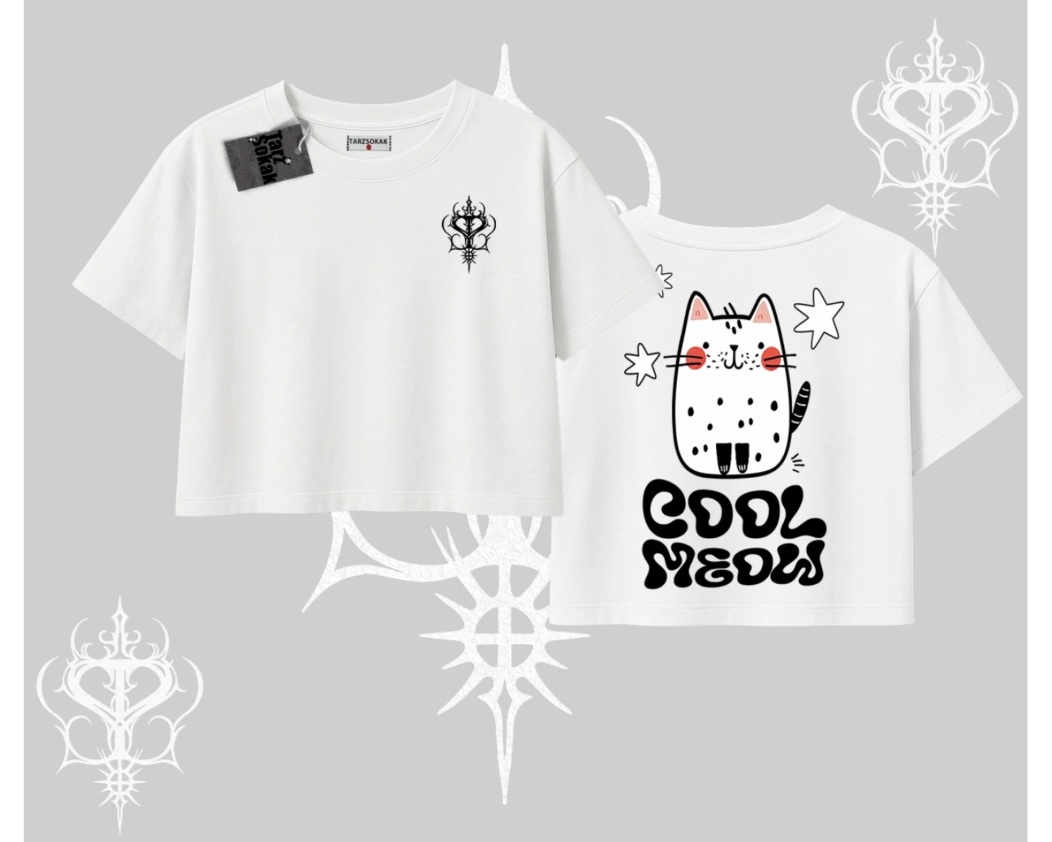 Cool Meow Yazılı Sevimli Kedi Arka Baskılı Oversize Crop Tshirt
