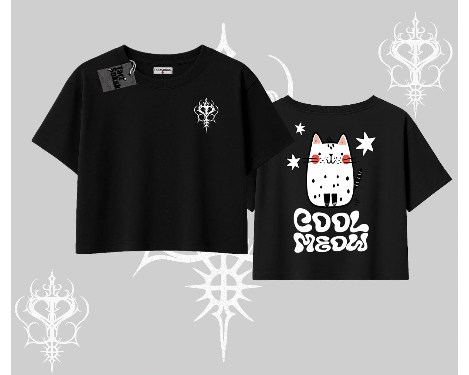 Cool Meow Yazılı Sevimli Kedi Arka Baskılı Oversize Crop Tshirt