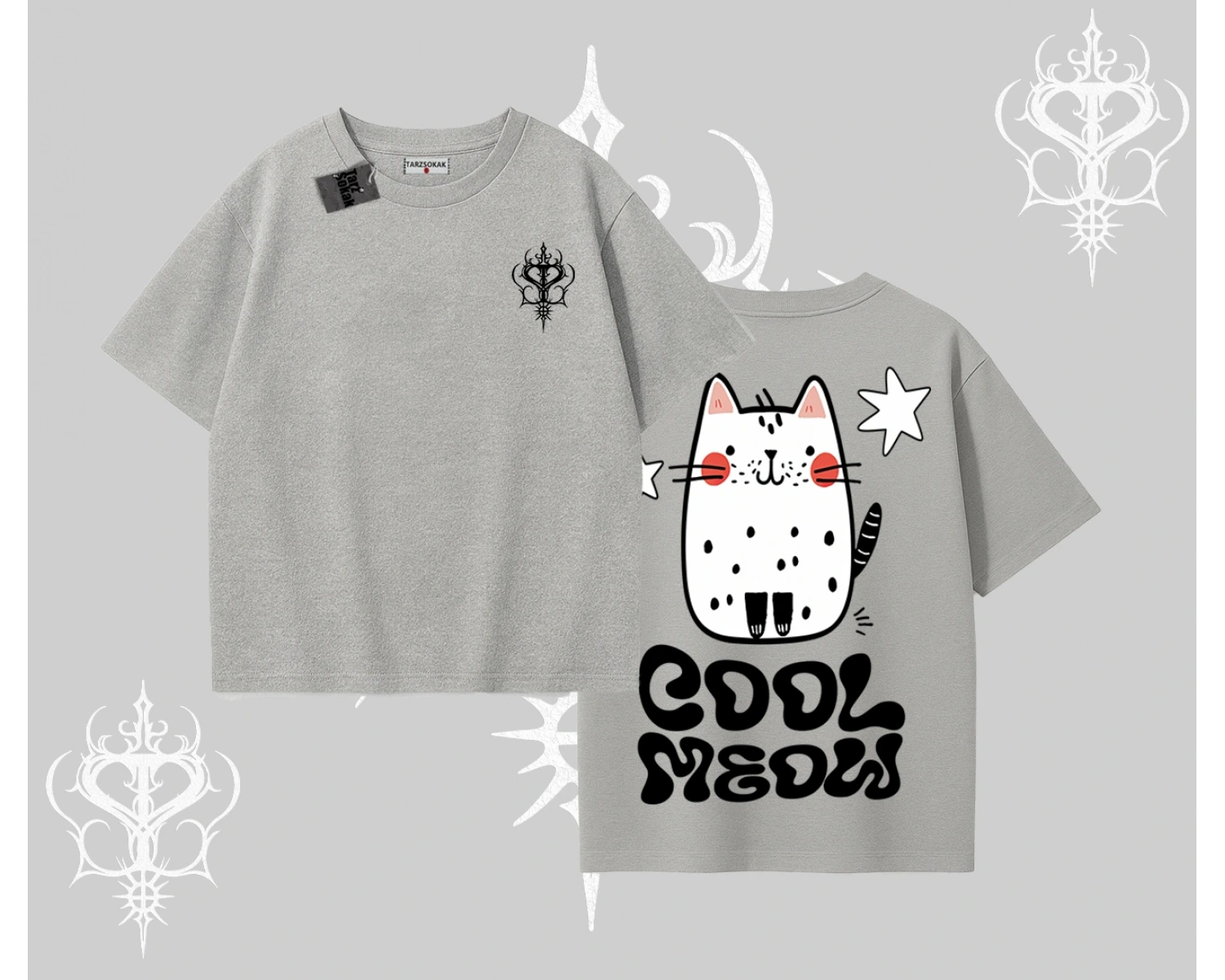 Cool Meow Yazılı Sevimli Kedi Arka Baskılı Oversize Tshirt