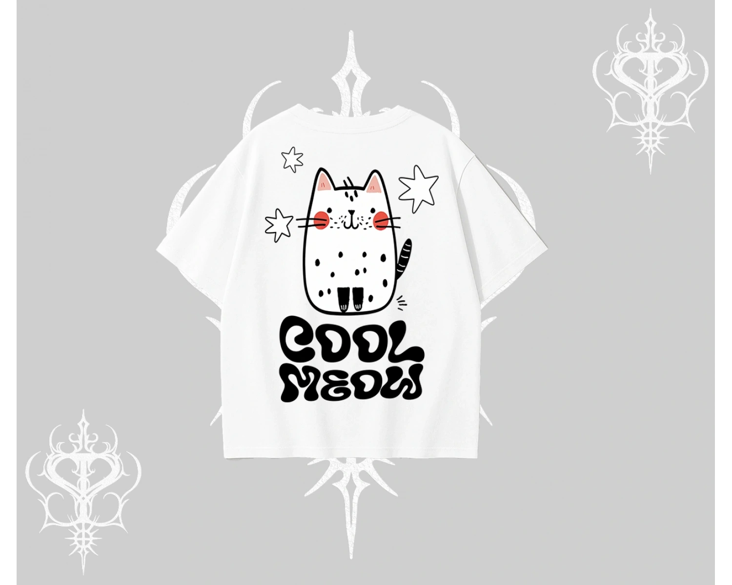 Cool Meow Yazılı Sevimli Kedi Arka Baskılı Oversize Tshirt