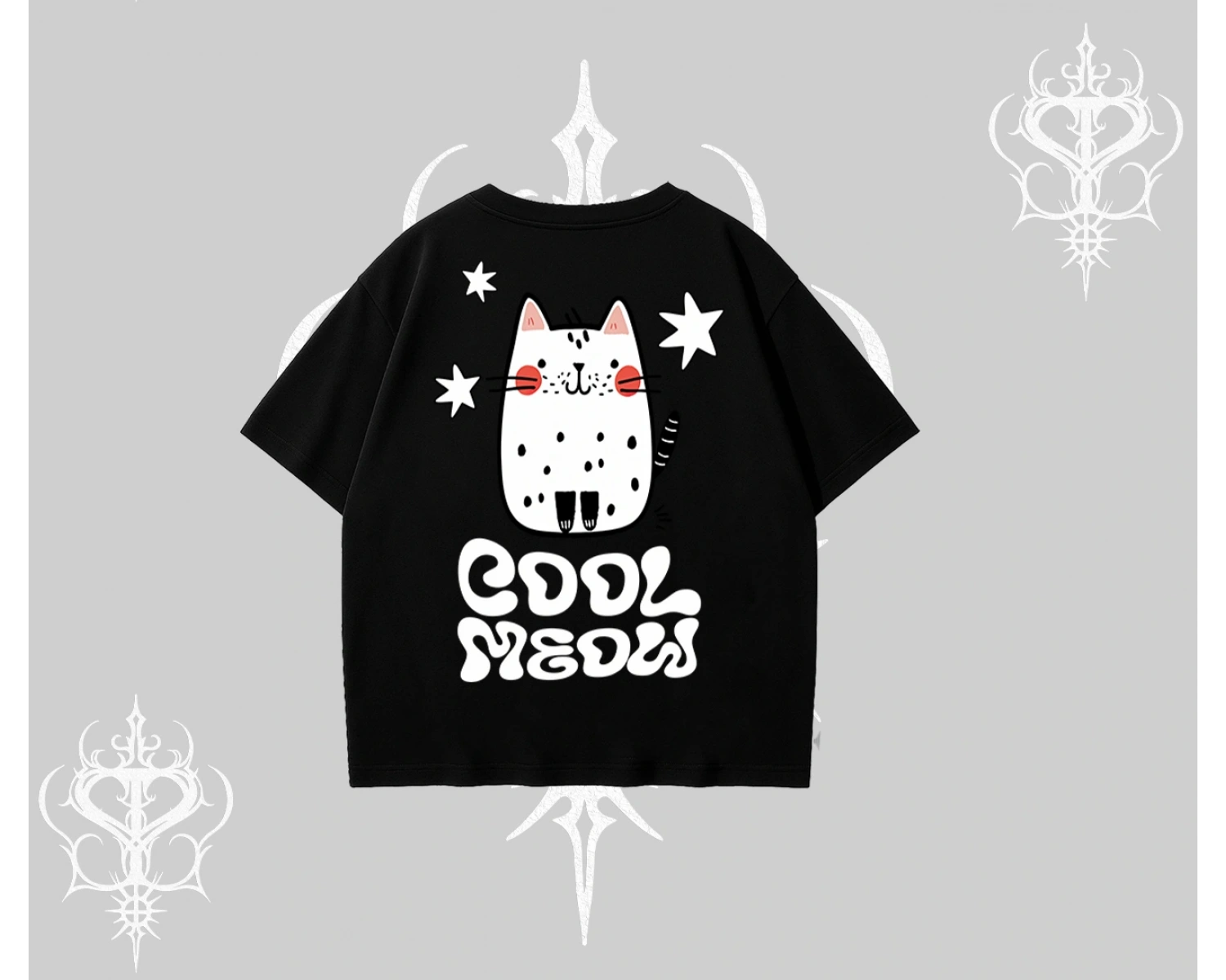 Cool Meow Yazılı Sevimli Kedi Arka Baskılı Oversize Tshirt