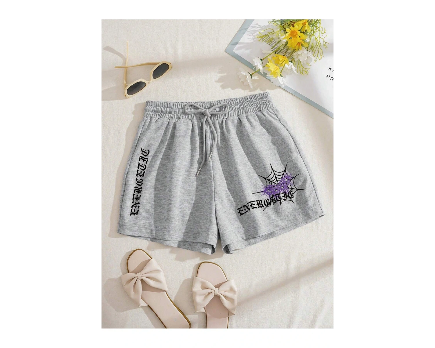 Coolane Butterfly & Letter Graphic Drawstring Waist Şort