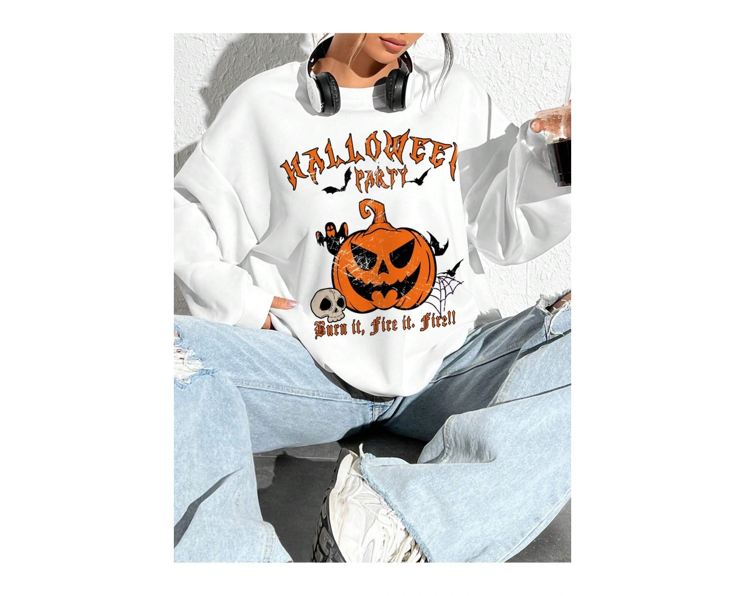 Coolane Halloween Print Drop Shoulder Oversize Sweatshirt Beyaz