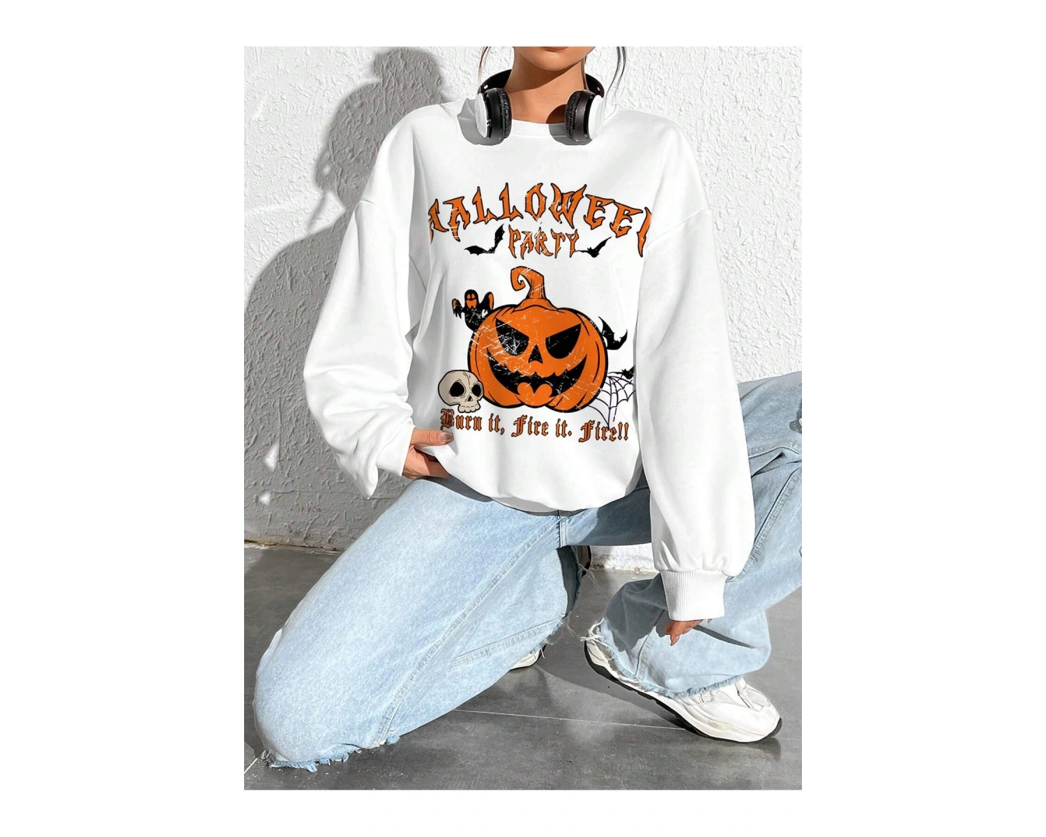 Coolane Halloween Print Drop Shoulder Oversize Sweatshirt Beyaz