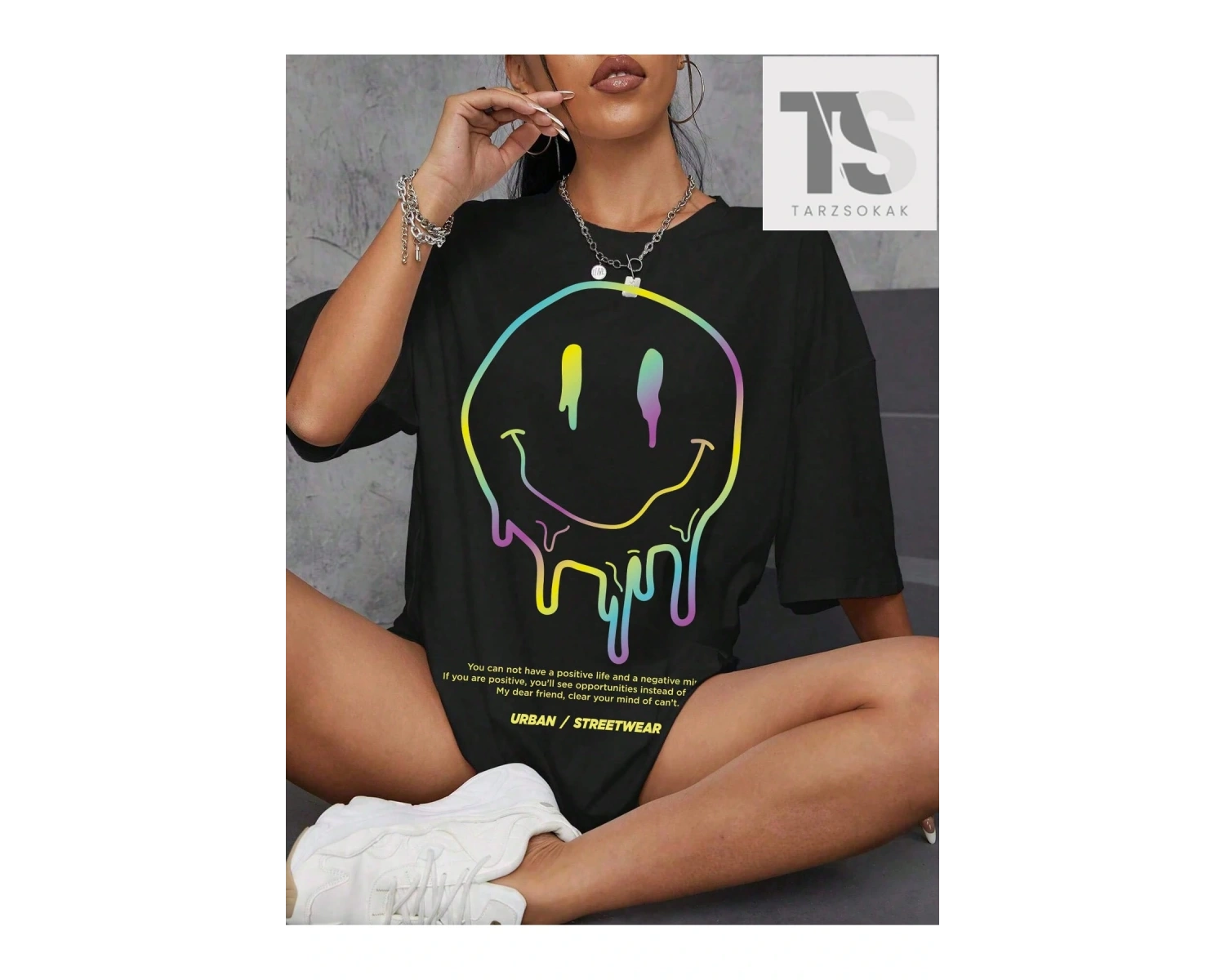 Coolane Karikatür ve Slogan Grafikli Düşük Omuzlu Oversize Tişört