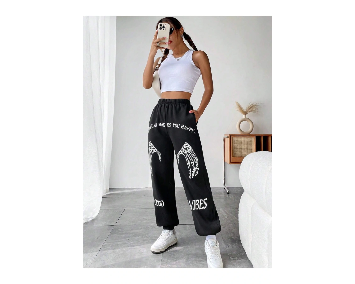 Coolane Skeleton Hand & Letter Graphic Elastic Waist 4 Mevsim Eşofman