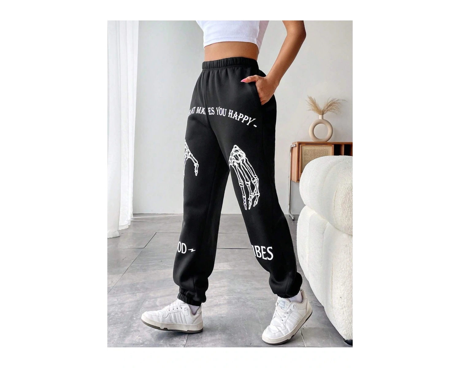 Coolane Skeleton Hand & Letter Graphic Elastic Waist 4 Mevsim Eşofman