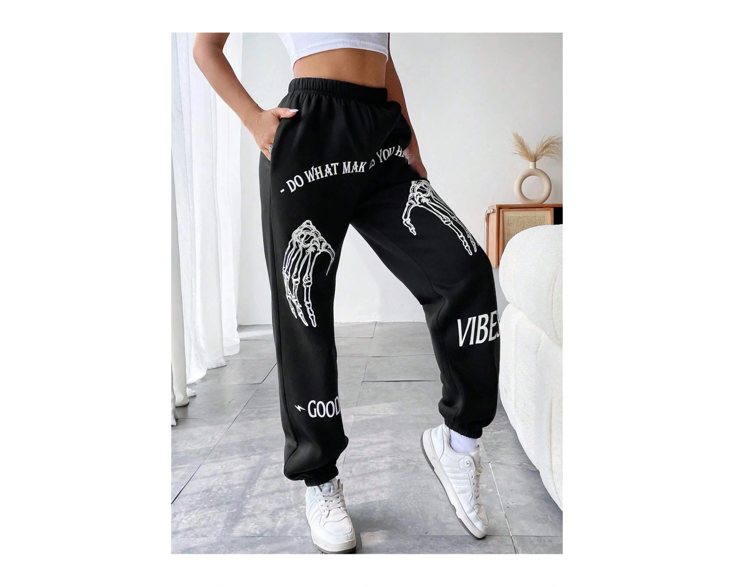 Coolane Skeleton Hand & Letter Graphic Elastic Waist 4 Mevsim Eşofman