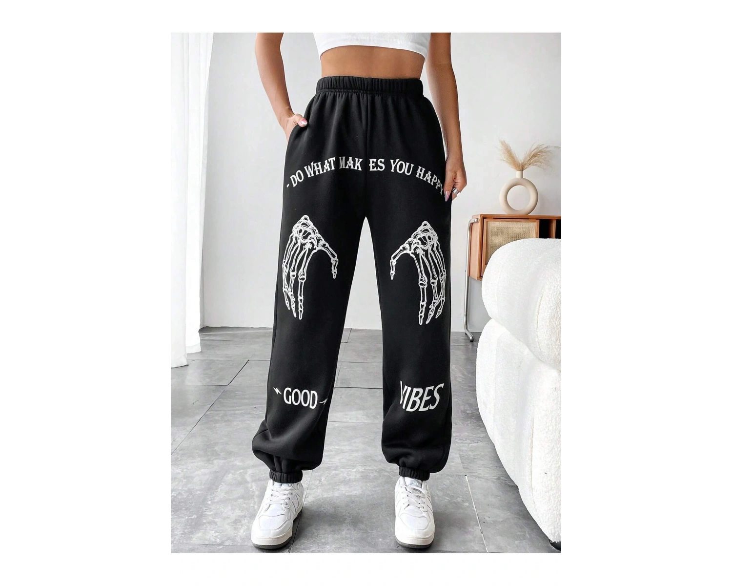 Coolane Skeleton Hand & Letter Graphic Elastic Waist 4 Mevsim Eşofman