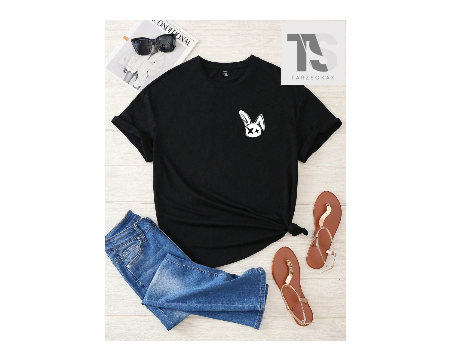 Coolane Tavşan ve Harf Grafikli Düşük Omuzlu Oversize Tişört