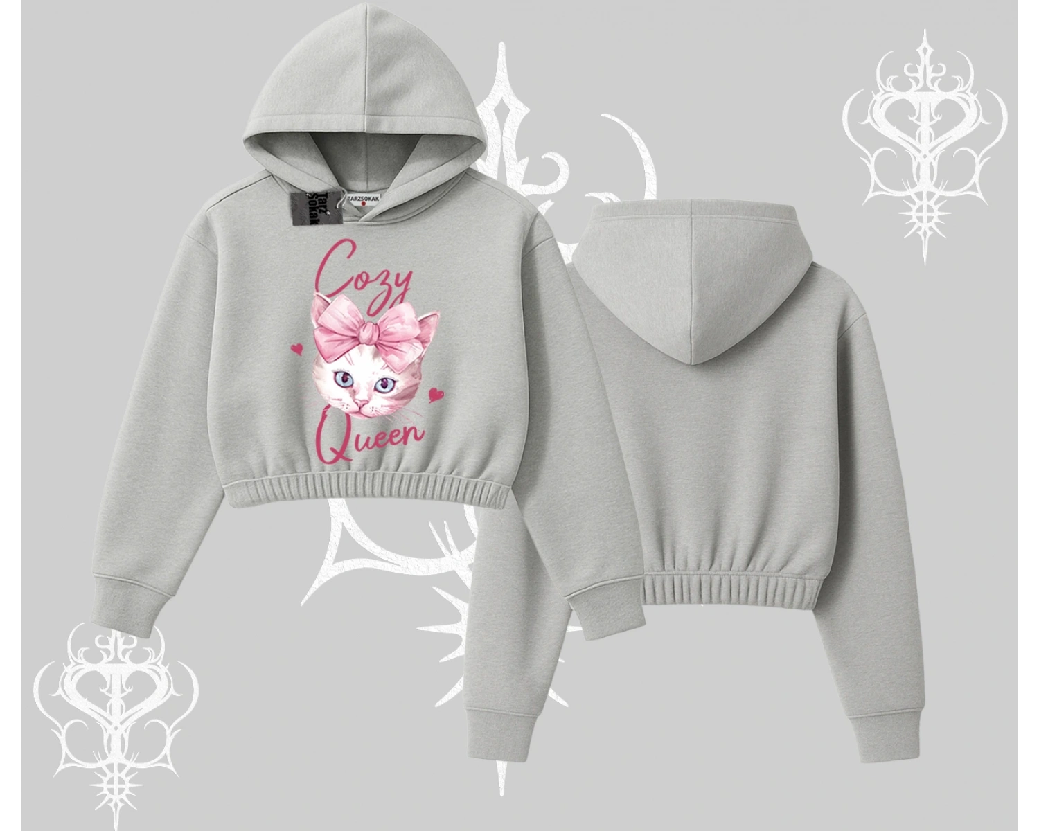Cozy Queen Kedi Baskılı Kapşonlu Crop Sweatshirt