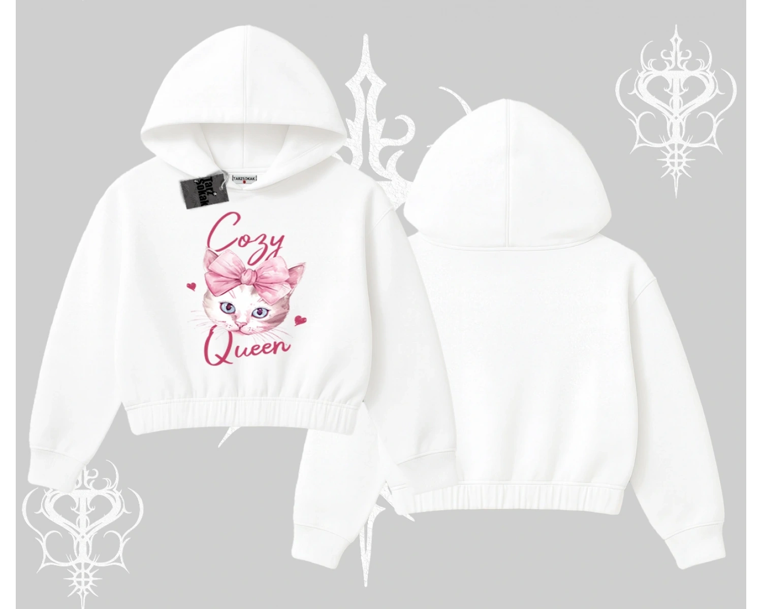 Cozy Queen Kedi Baskılı Kapşonlu Crop Sweatshirt