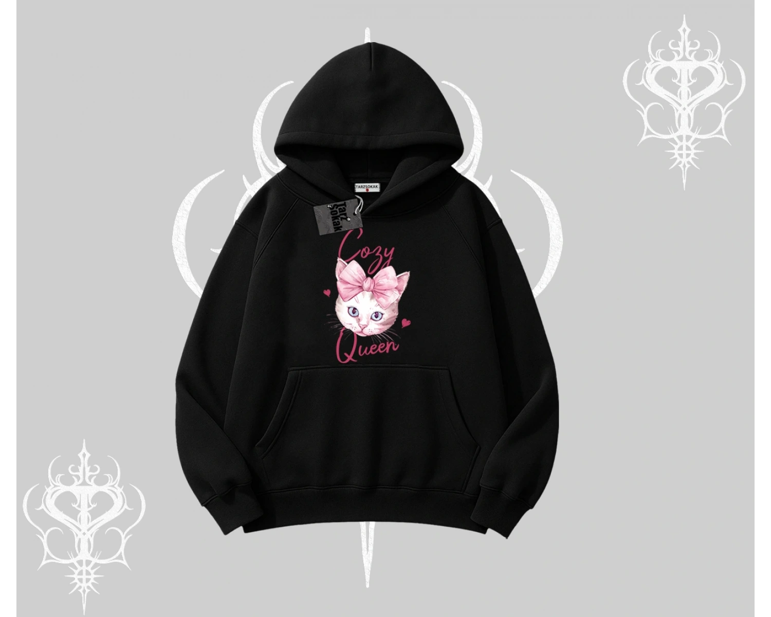 Cozy Queen Kedi Baskılı Kapşonlu Sweatshirt