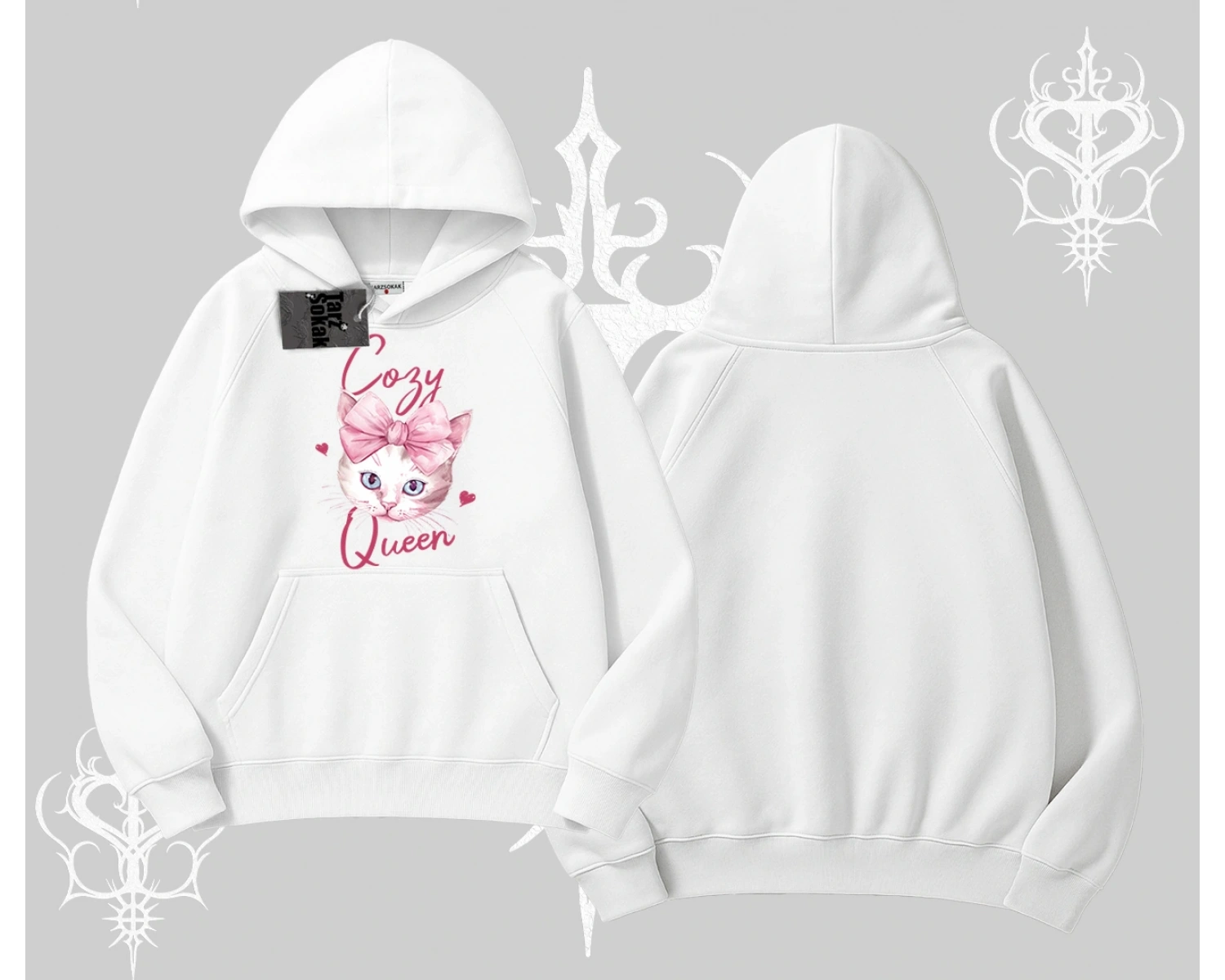 Cozy Queen Kedi Baskılı Kapşonlu Sweatshirt