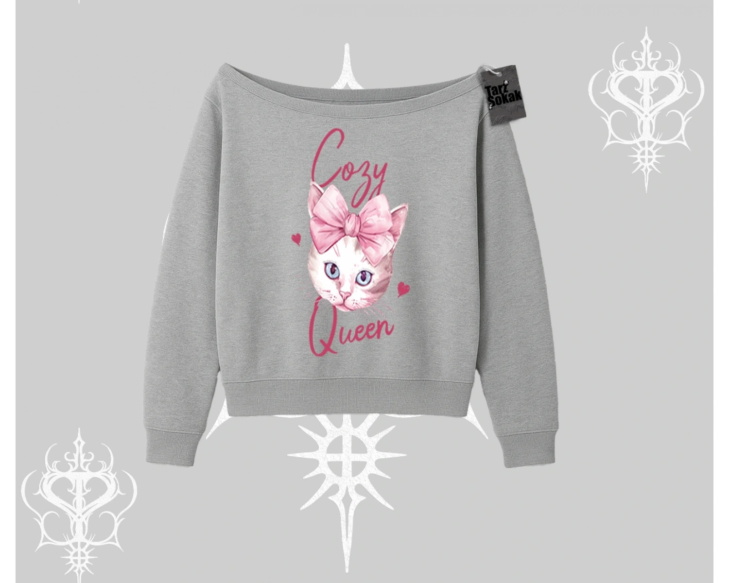 Cozy Queen Kedi Baskılı Kayık Yaka Sweatshirt
