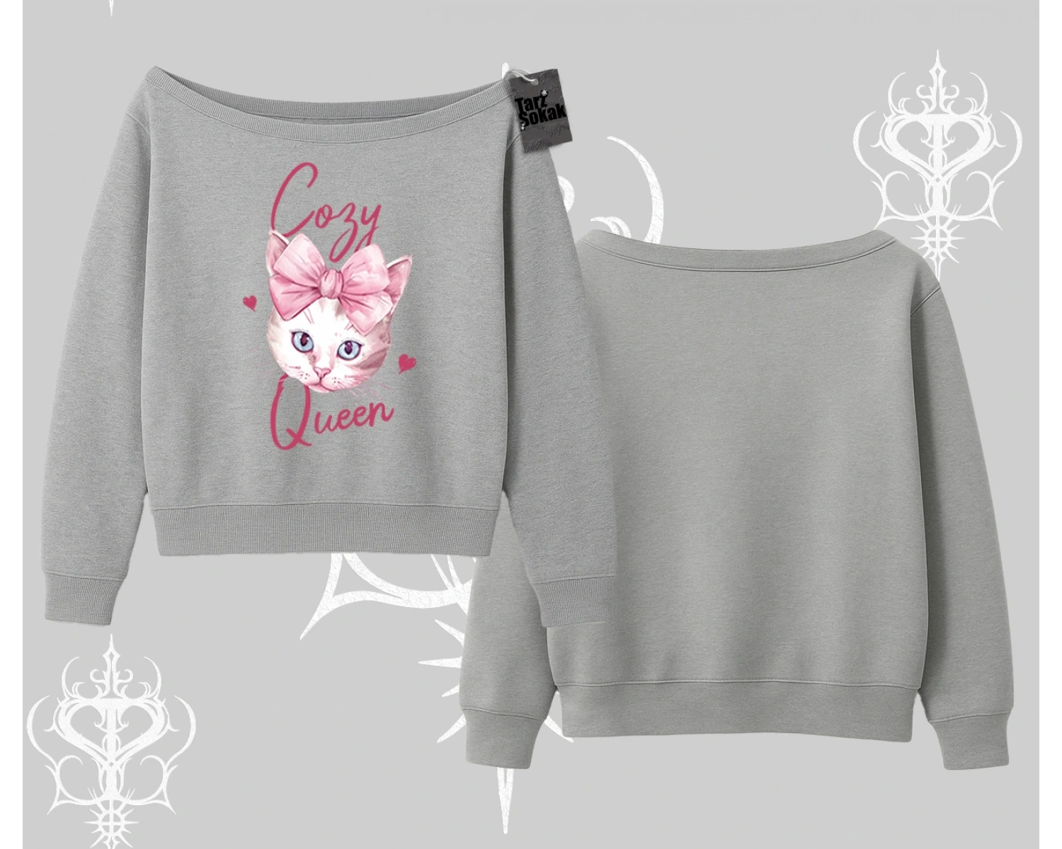 Cozy Queen Kedi Baskılı Kayık Yaka Sweatshirt