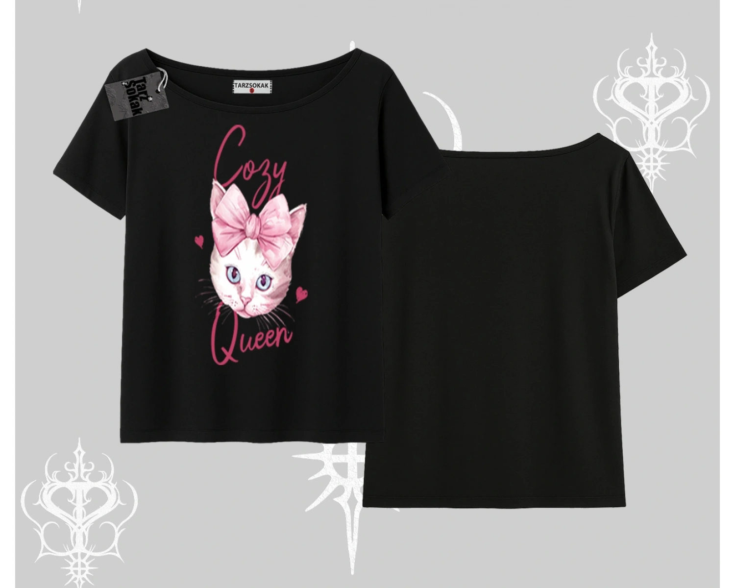 Cozy Queen Kedi Baskılı Kayık Yaka Tshirt