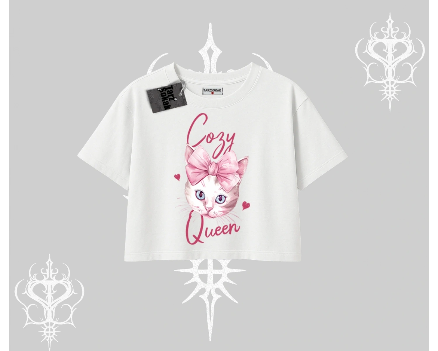 Cozy Queen Kedi Baskılı Oversize Crop Tshirt