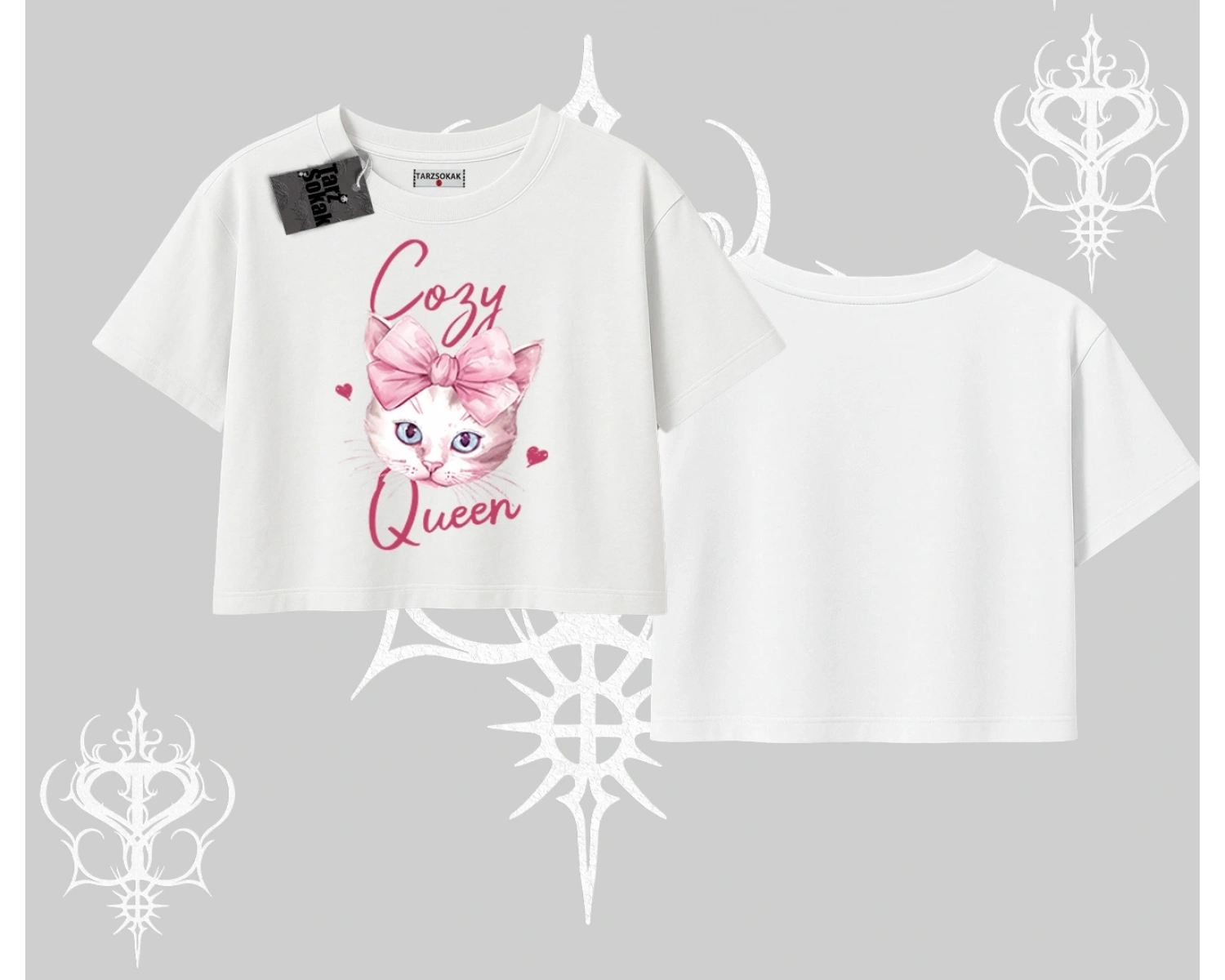 Cozy Queen Kedi Baskılı Oversize Crop Tshirt