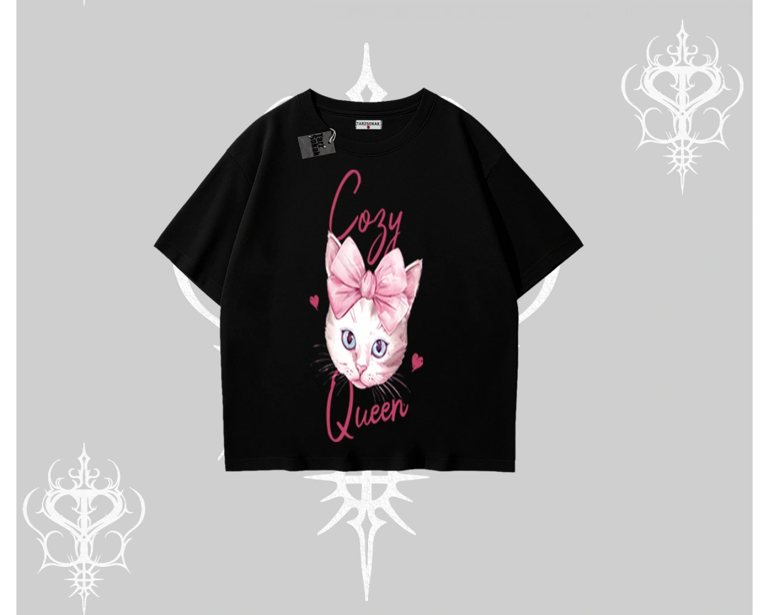 Cozy Queen Kedi Baskılı Oversize Tshirt